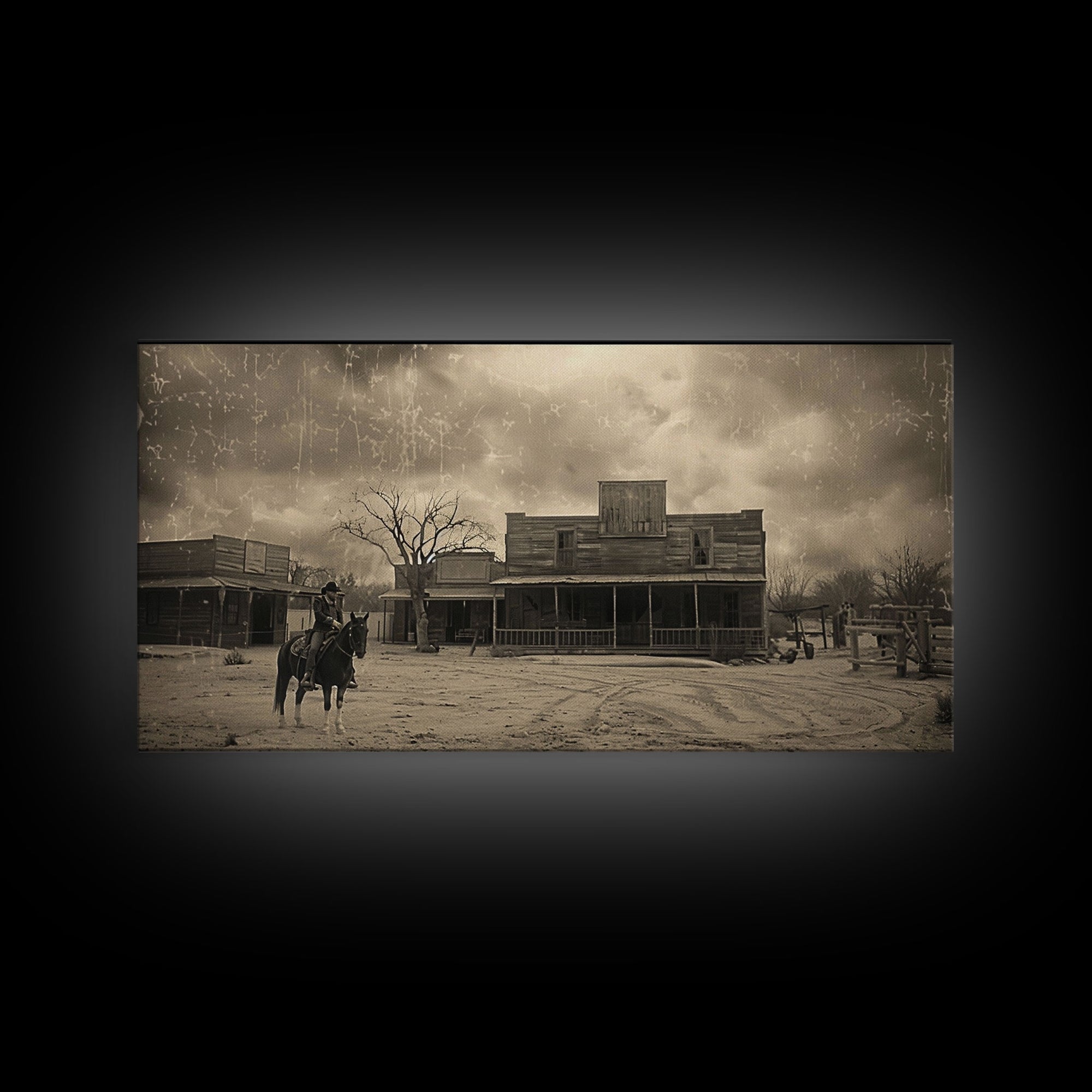 Cowboy Riding Through Old Western Town, Framed Canvas Print for Living Room Decor, Ideal Bedroom Wall Art, Vintage Western Scene