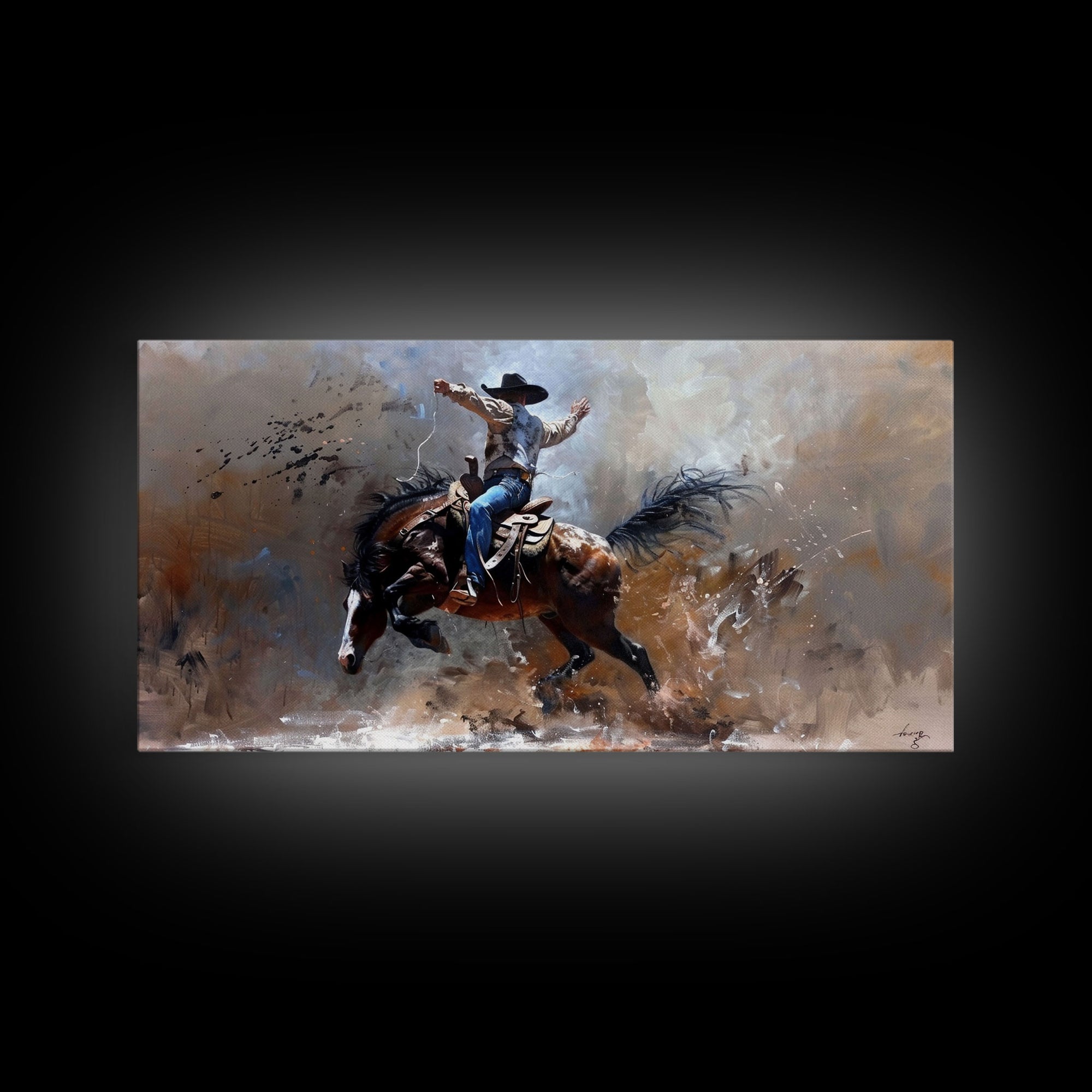 Rodeo Cowboy on Bucking Horse, Farmhouse Style Framed Canvas Print for Bedroom Wall Art, Rustic Home Decor, Western Action Art