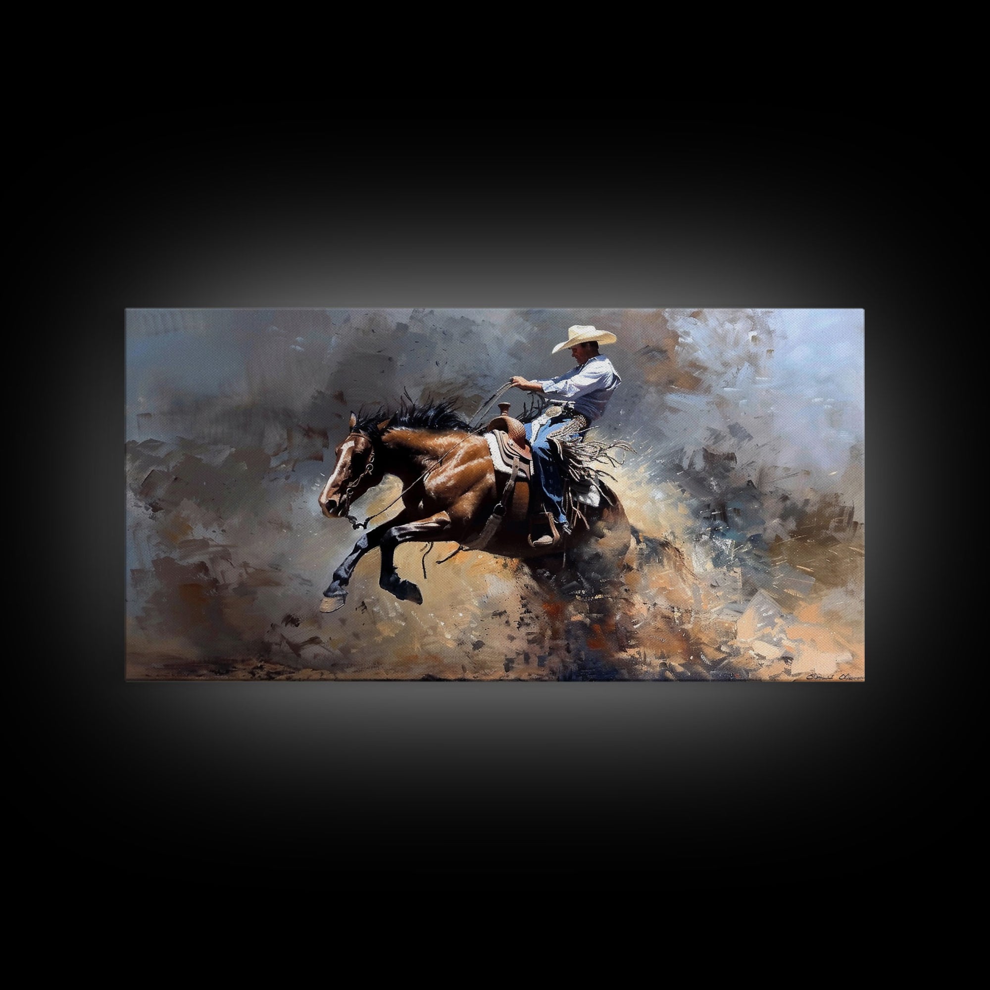 Intense Rodeo Bucking Horse and Cowboy, Vibrant Framed Canvas Print, Great for Western Living Room Art, Bedroom Decor, Rustic Home Wall Art