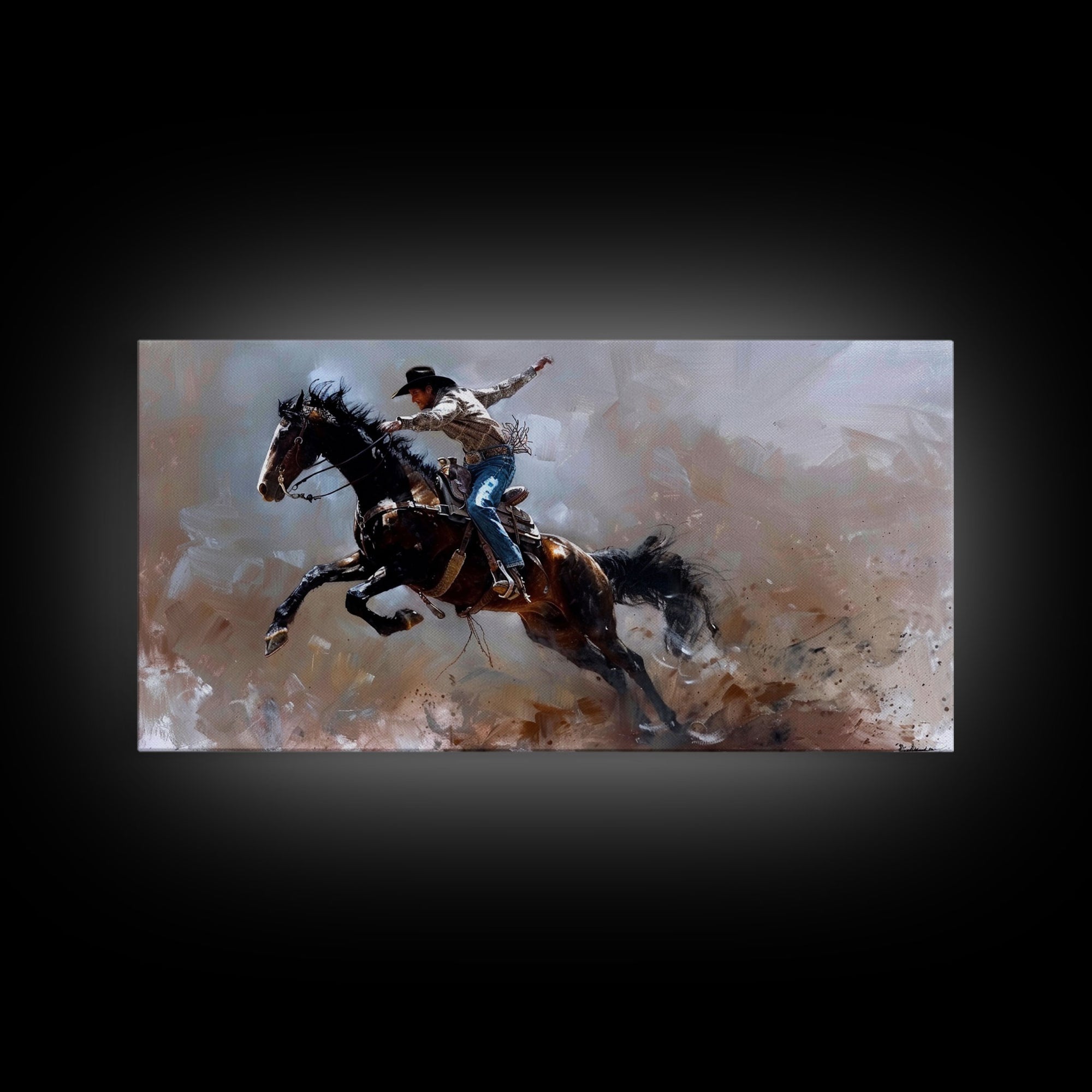 Action-Packed Rodeo Scene with Bucking Horse, Beautiful Framed Canvas Print, Western Living Room Art, Rustic Bedroom Decor, Wall Art