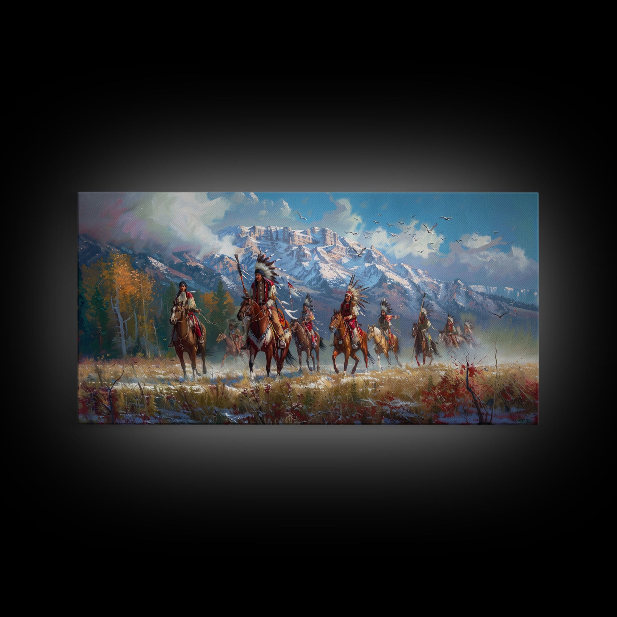 Native American Warriors Riding Through Snow-Capped Mountains, Ideal Wall Art, Framed Canvas Print Living Room Bedroom Decor, Historical Art