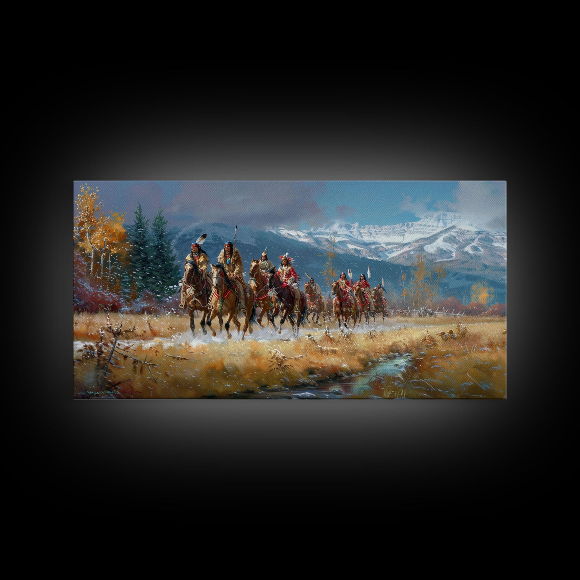 Tribal Warriors Journeying Through Snowy Landscape, Perfect Wall Art, Framed Canvas Print for Living Room or Bedroom Decor, Historical Art