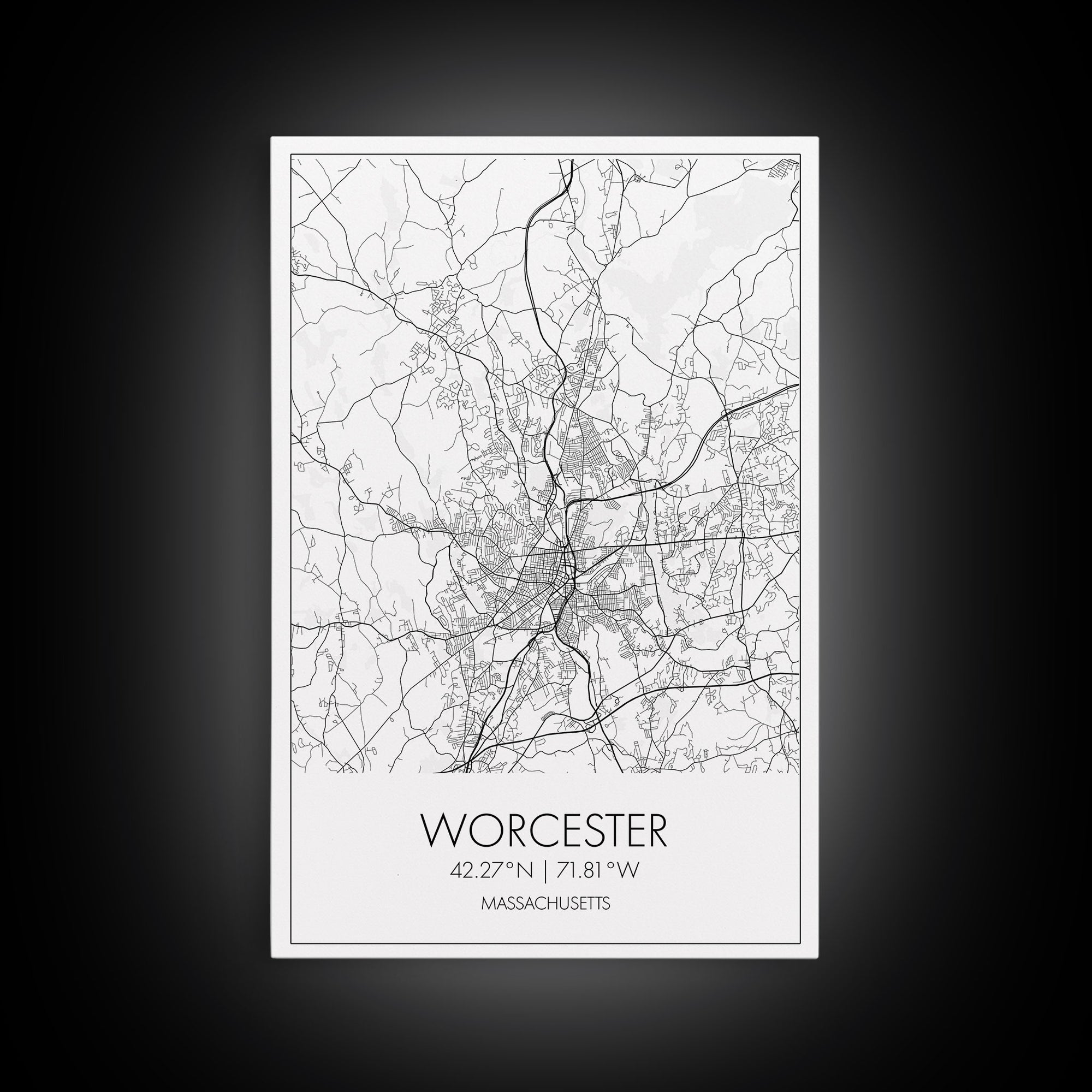 Worcester Street Map, Massachusetts Map, City Map Print, Minimalist Art, Wall Art, Canvas Print, Home Office Wall Art, Unique Travel Gifts