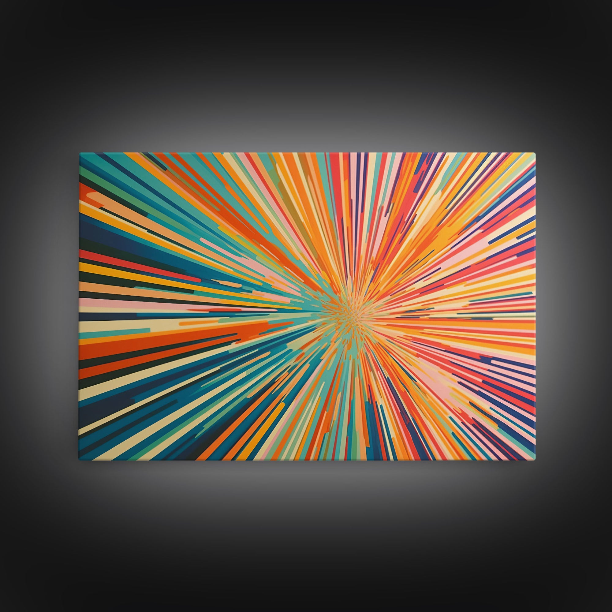 MCM Mid Century Modern Retro Canvas Print Mid Century Wall Art Large Wall Art Geometric Art in Teal Coral and Yellow "Light Speed Tunnel"