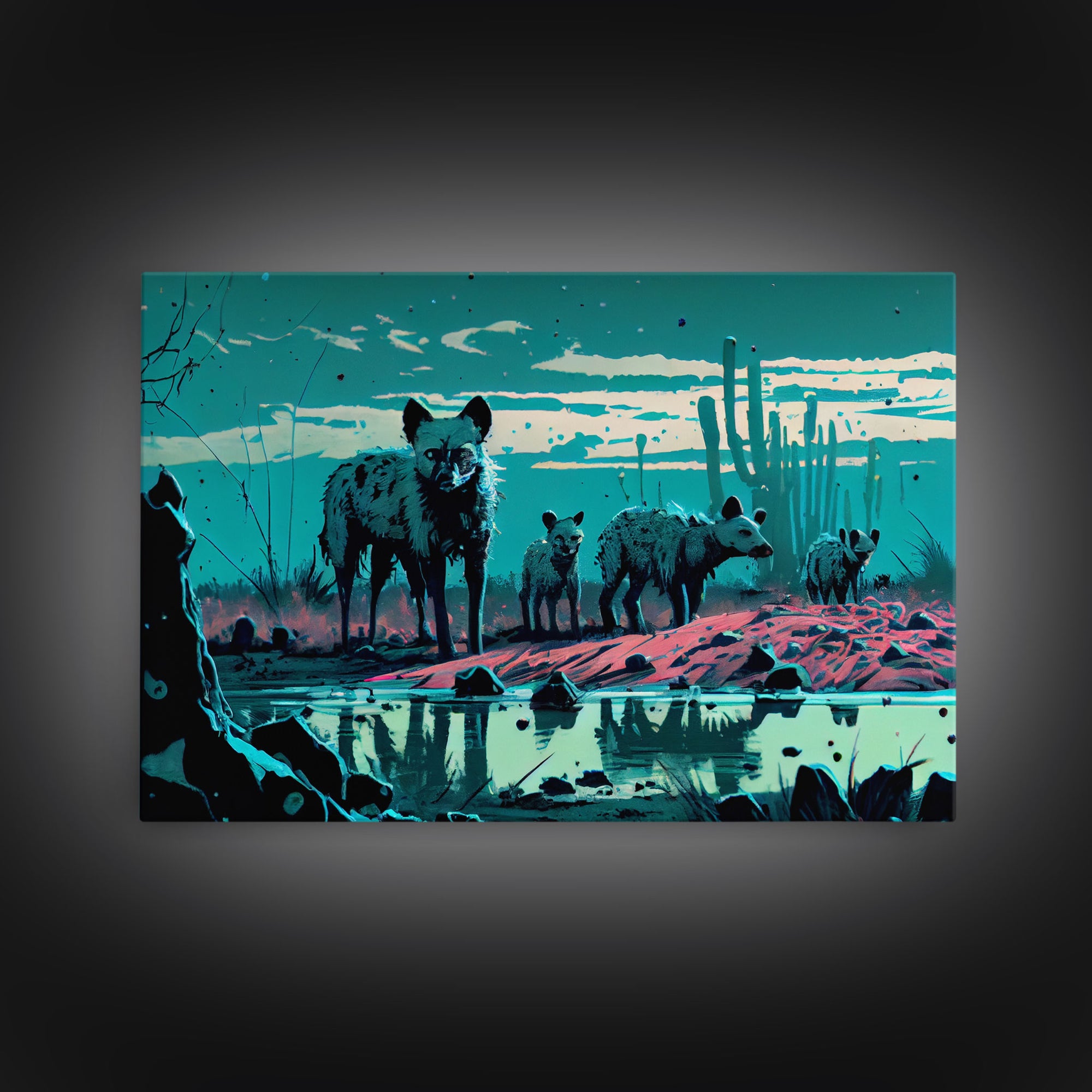 Hyenas at midnight, turquoise vaporwave art, framed canvas print