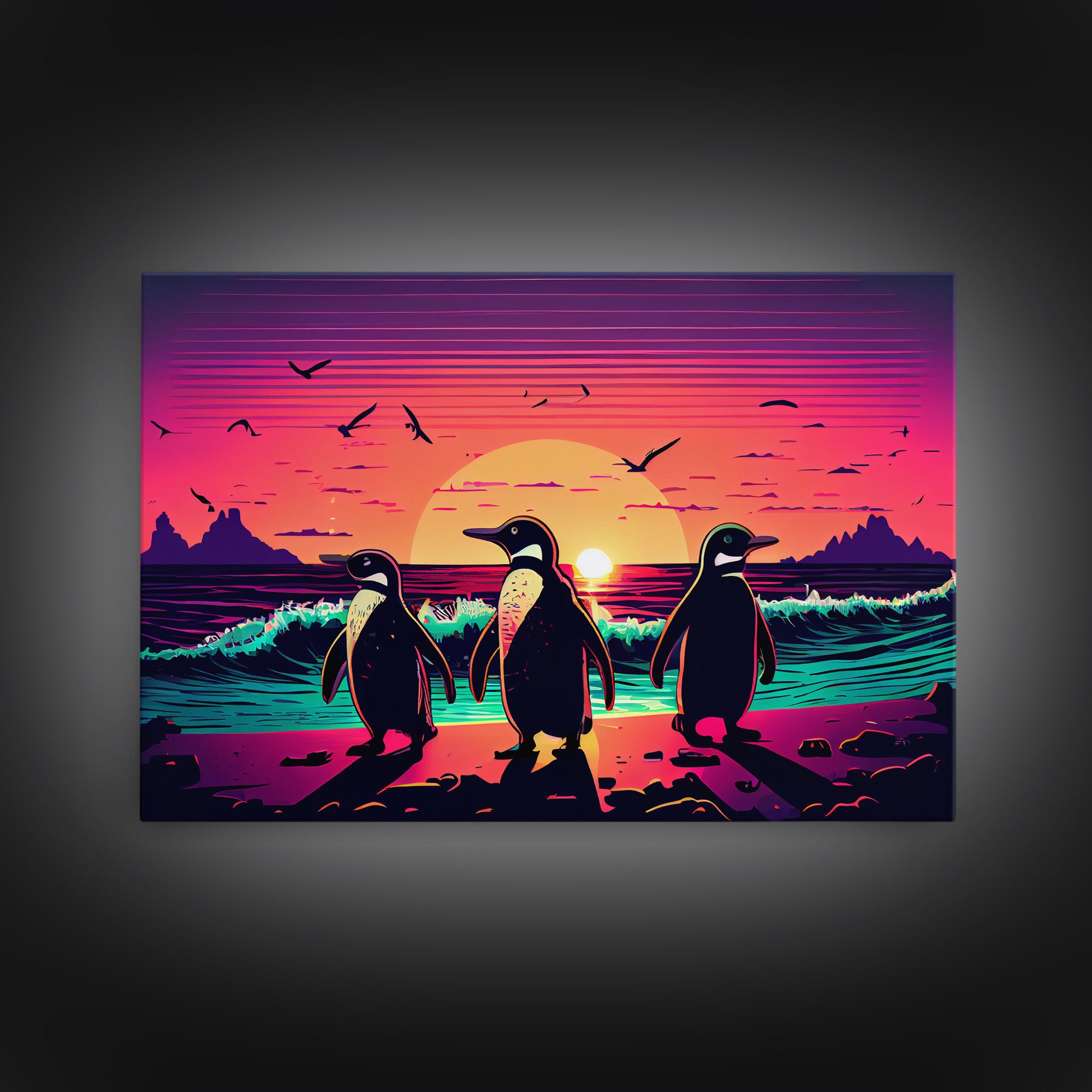 Surfing Penguins walking on the beach, retrowave art, framed canvas print, animal art