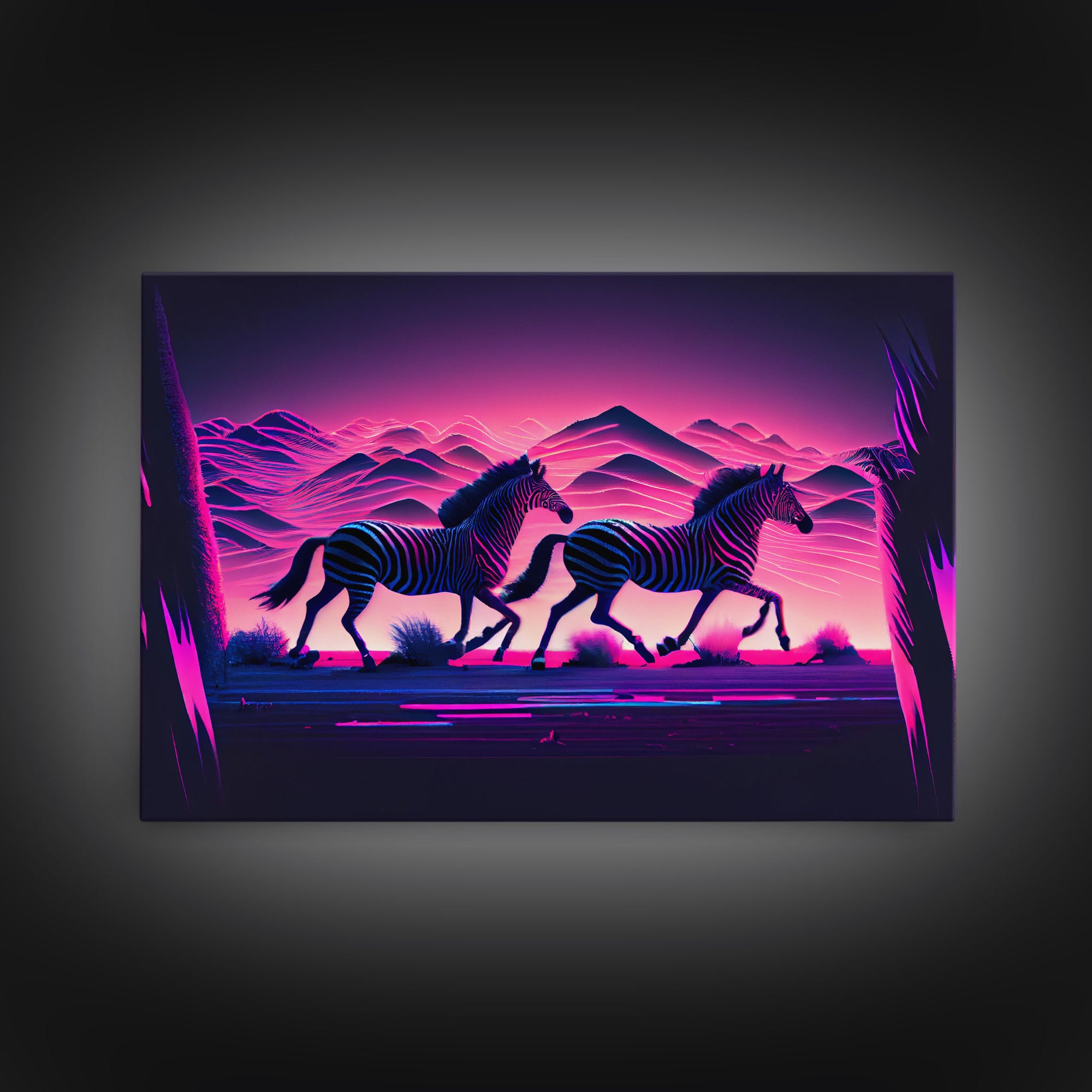 Zebras running through the plains, synthwave art, framed canvas print, framed wall art