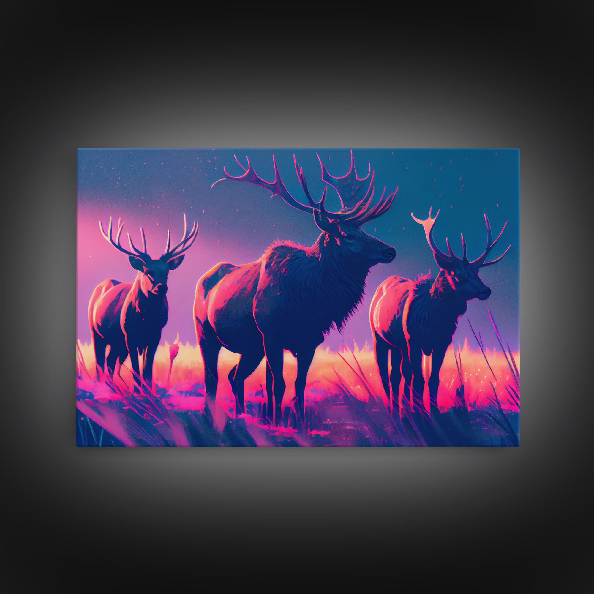 Vaporwave landscape, Elk in the plains at sunset, framed canvas art, canvas print, framed wall art