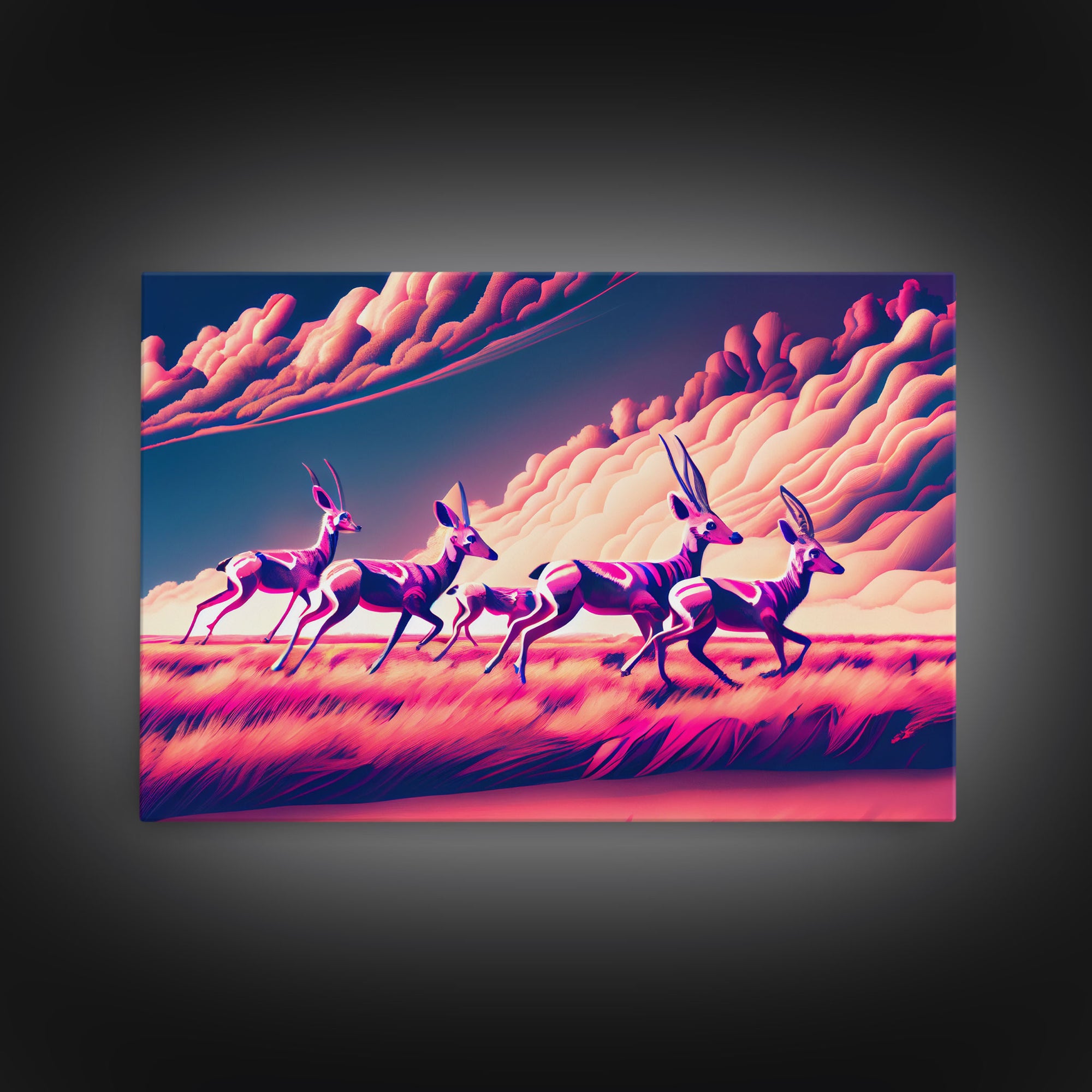 Herd of African Gazelles, vaporwave art, synthwave aesthetic nature print, framed canvas print