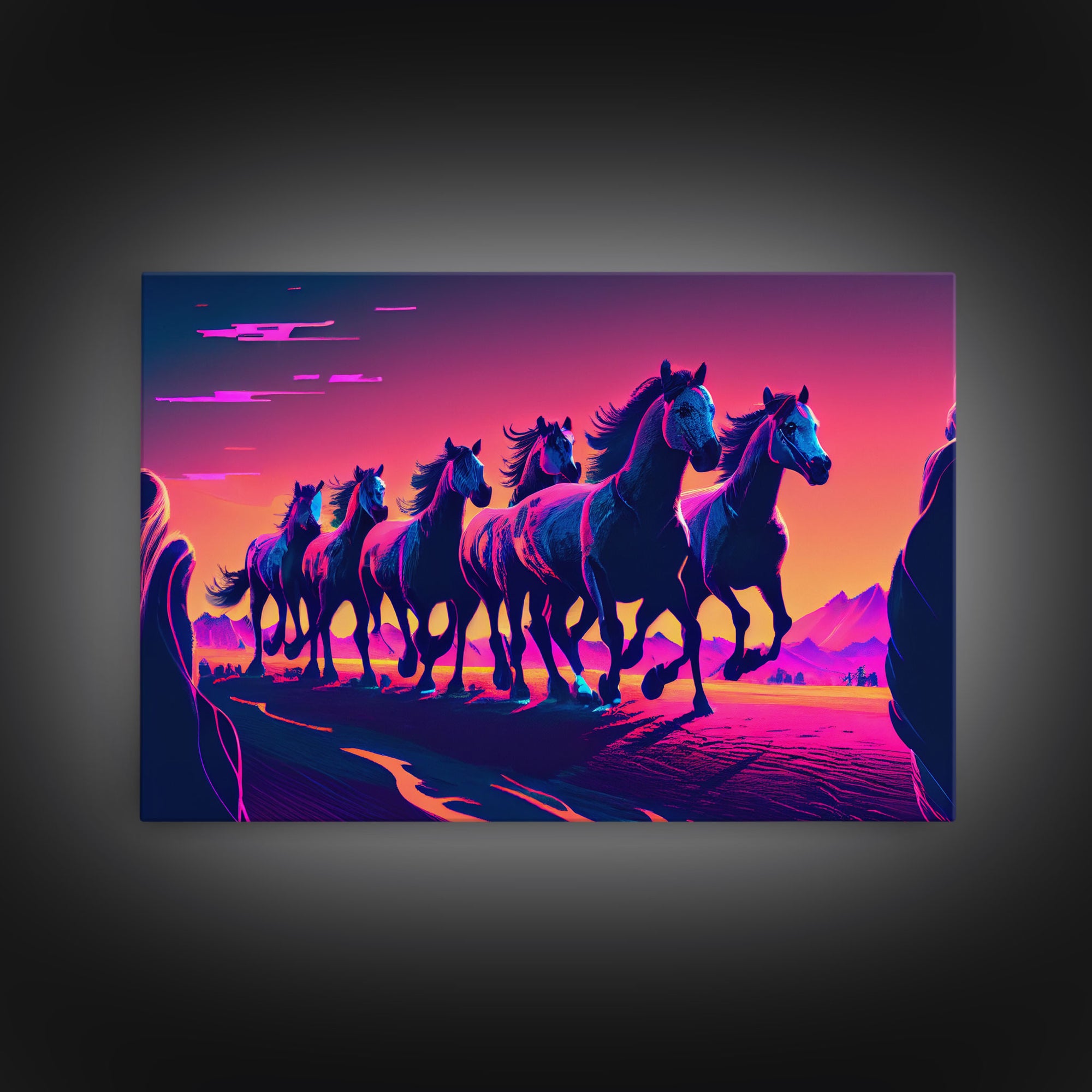 Herd of Wild Horses, American Western decor, framed canvas print, synthwave animal art