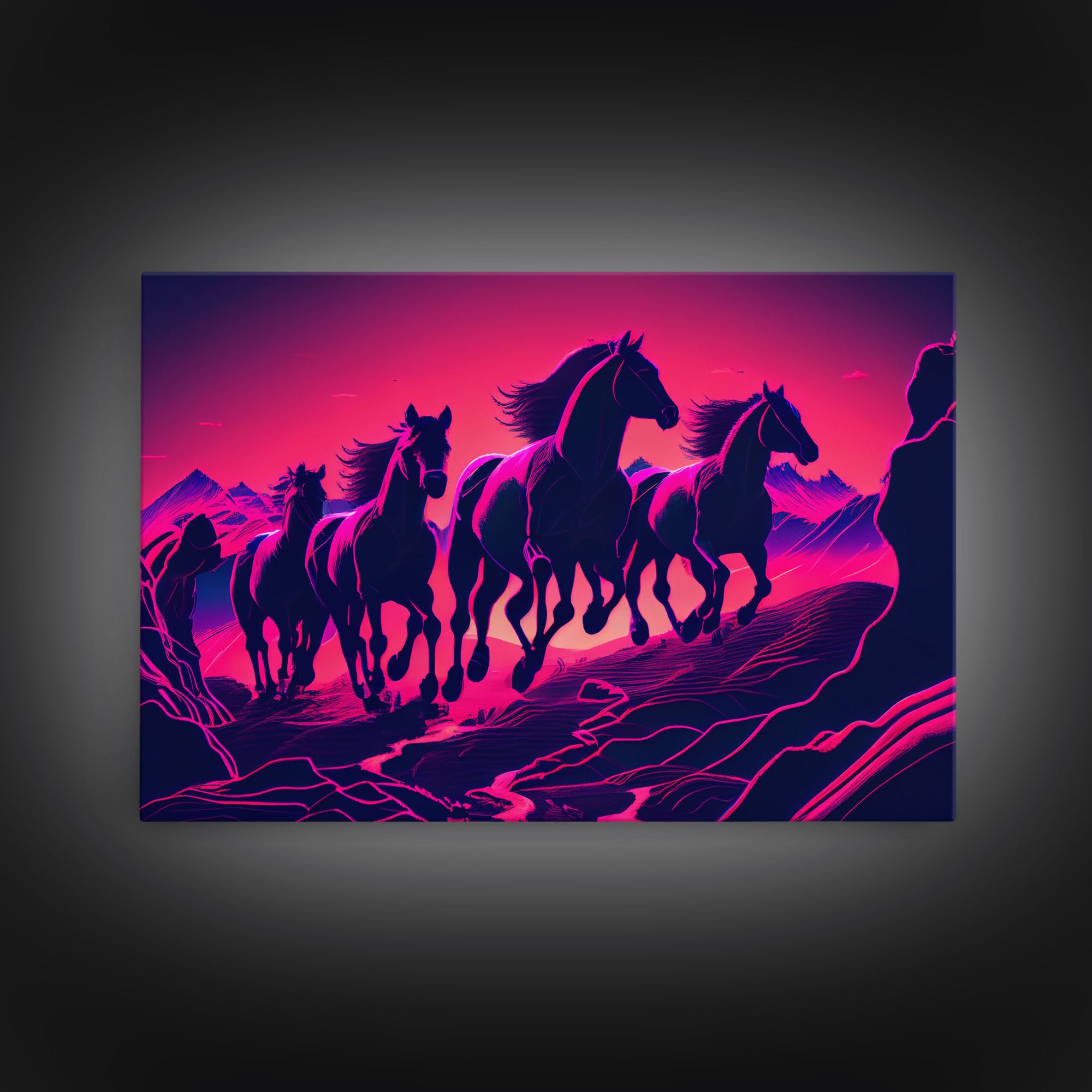 Pack of Wild Horses, American Western decor, framed canvas print, synthwave animal art