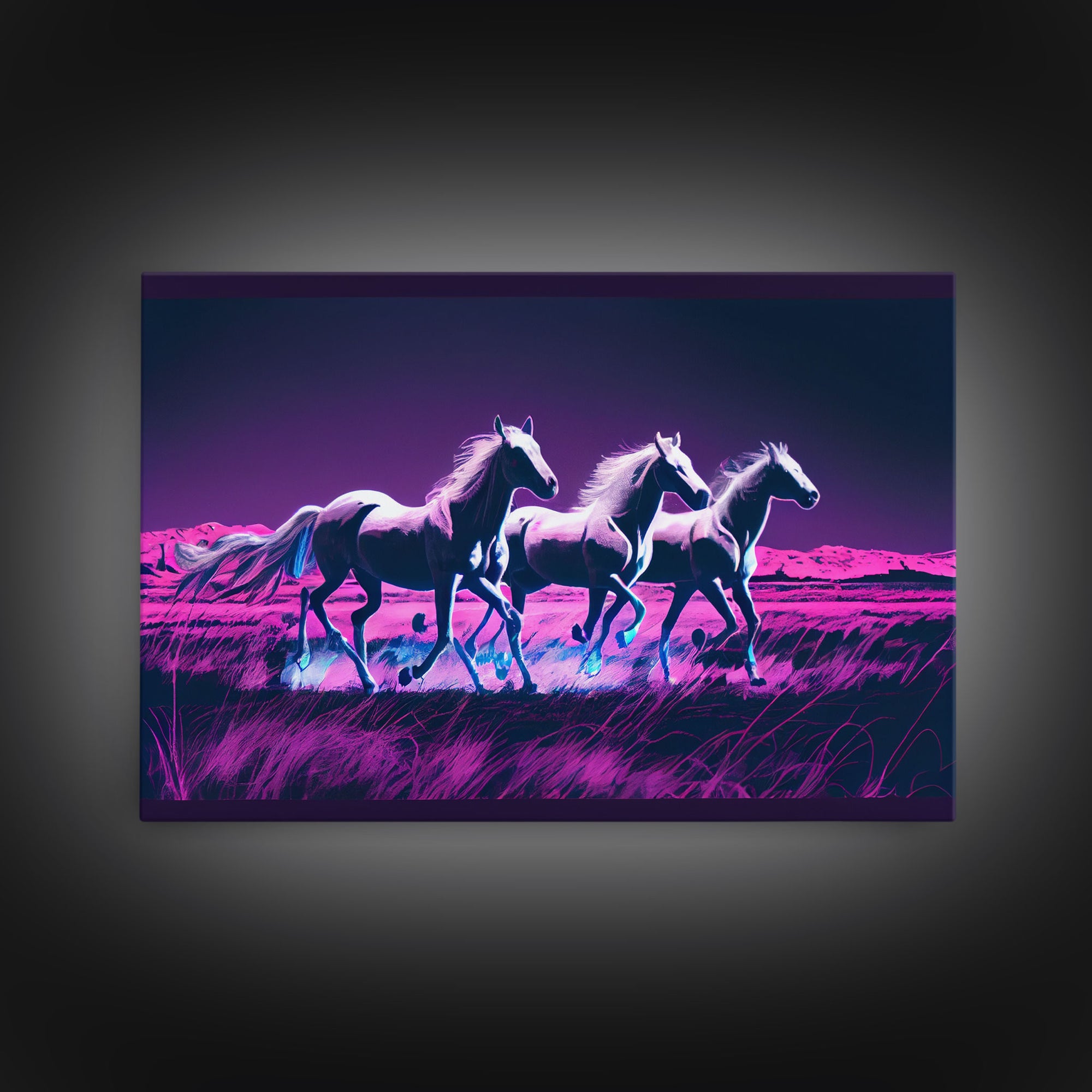 Pastel Wild horses running in the moonlight, vaporwave aesthetic art, framed canvas print