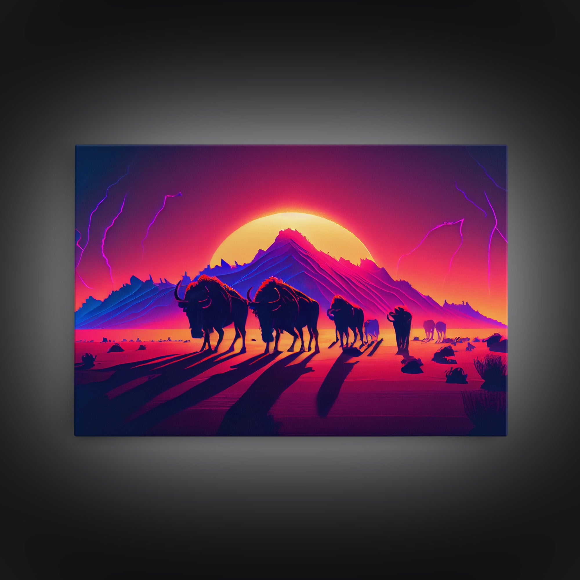 Synthwave American Buffalo, Retrowave art, herd of Bison and a setting sun, framed canvas print