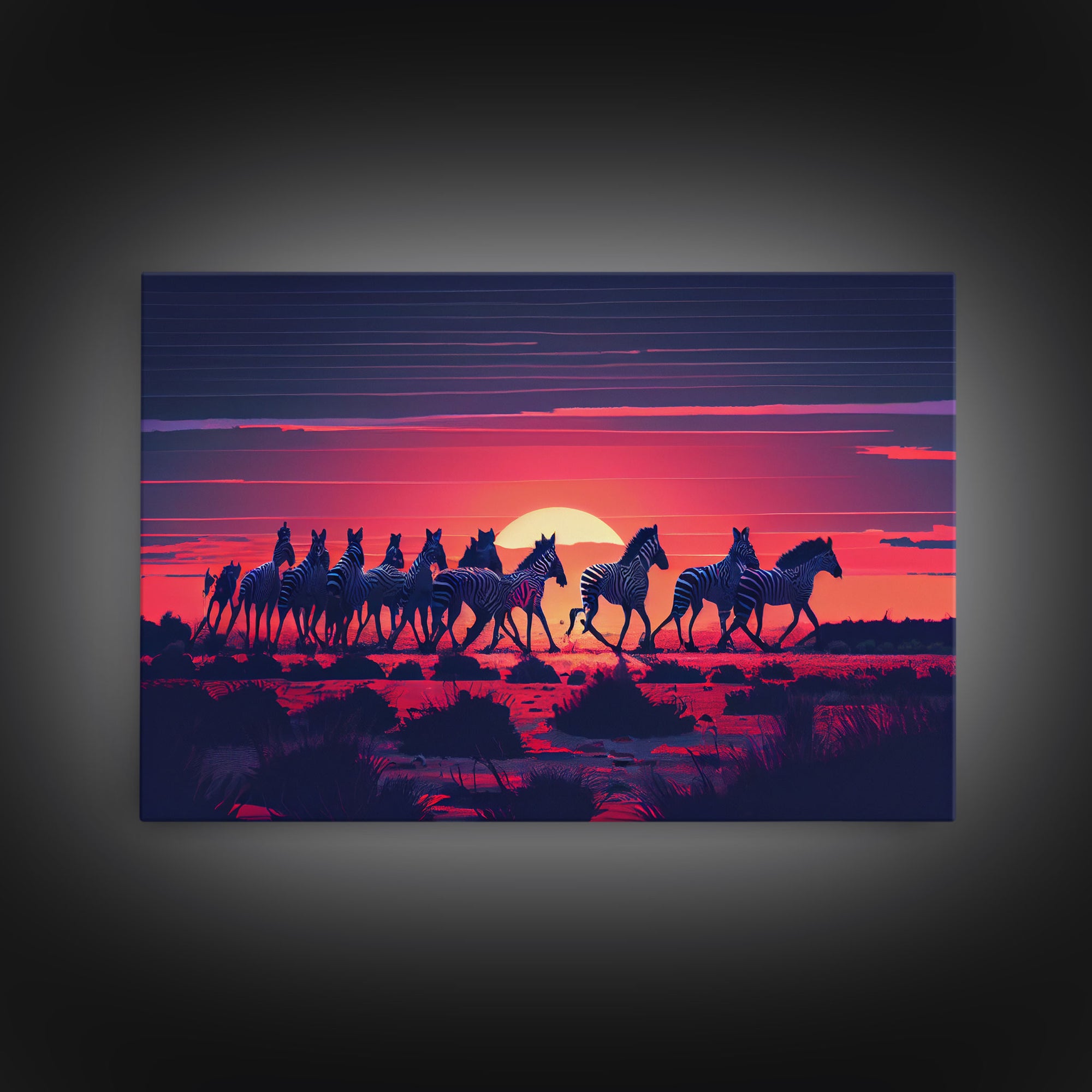 Herd of wild zebra against a beautiful African sunset, framed canvas print