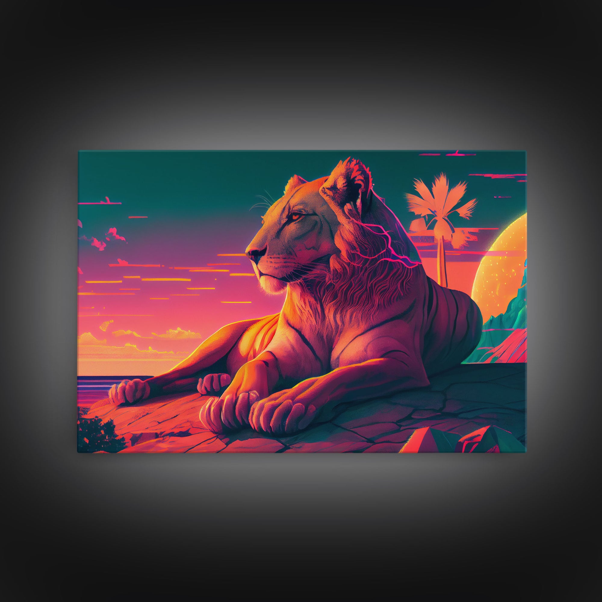 Lion contemplating life on a cliff, vibrant and colorful synthwave retro style art, framed canvas print