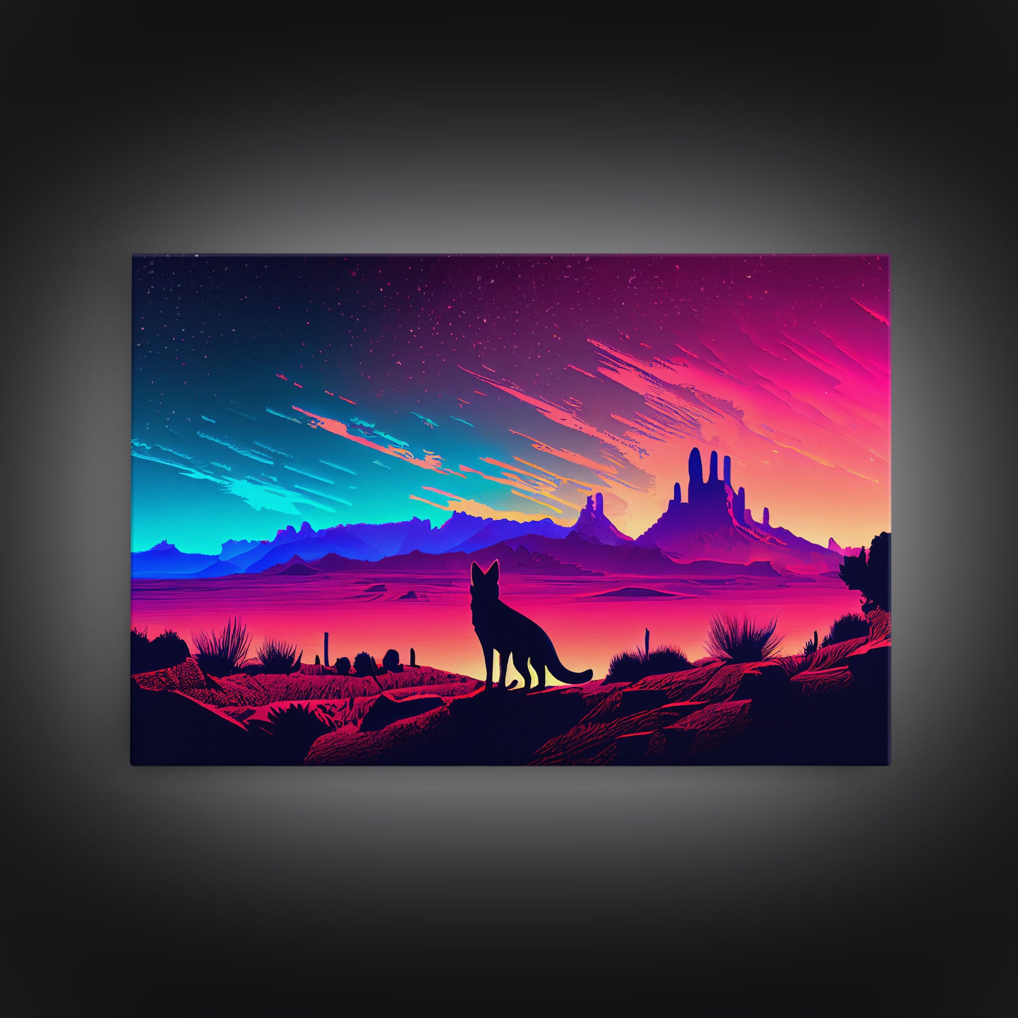 Cute fox in an Arizona desert landscape, framed canvas print, framed wall art, synthwave art