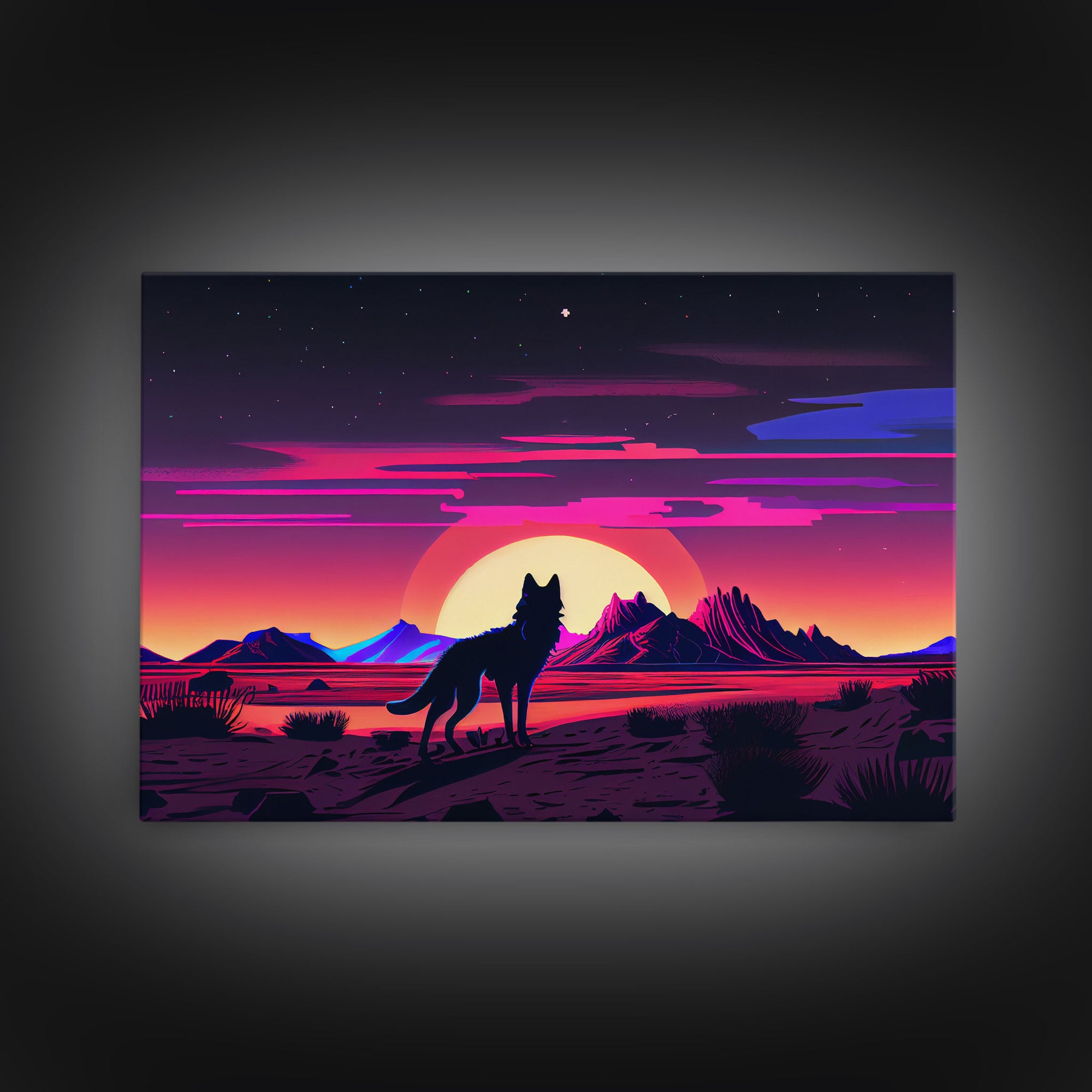 Cute fox in a Utah desert landscape, framed canvas print, framed wall art, synthwave art