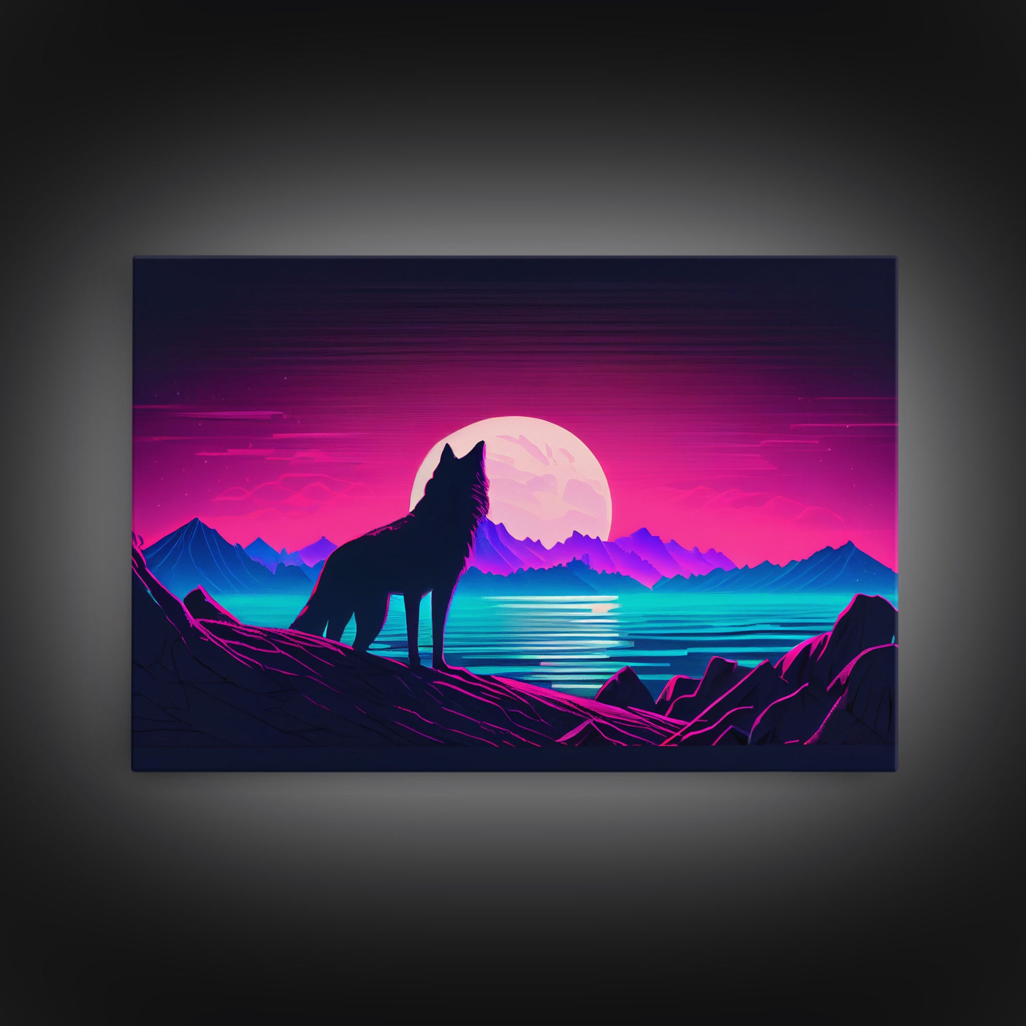 Wolf Silhouette Full Moon Purple Sky Ocean Sea Landscape Wall Art Print, Fine Art Print, Wall Decor, Wall Poster