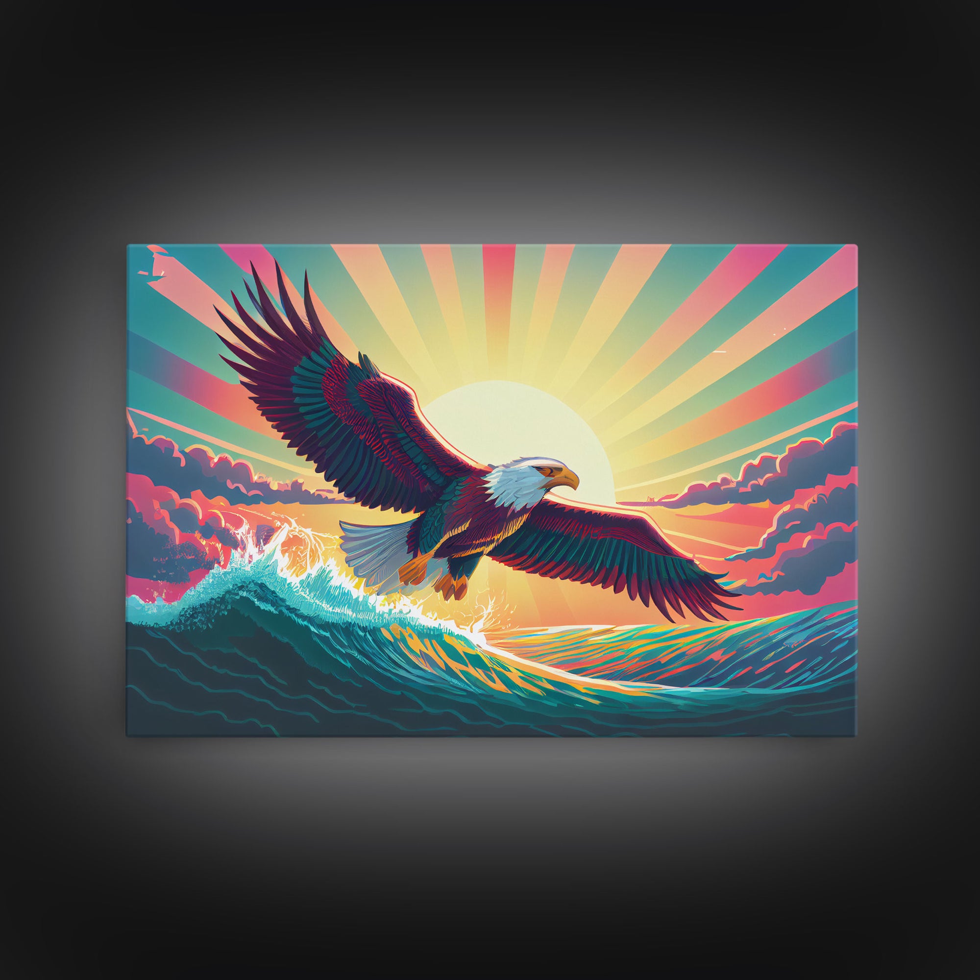 Retrowave bald eagle, pastel sunset, framed canvas print