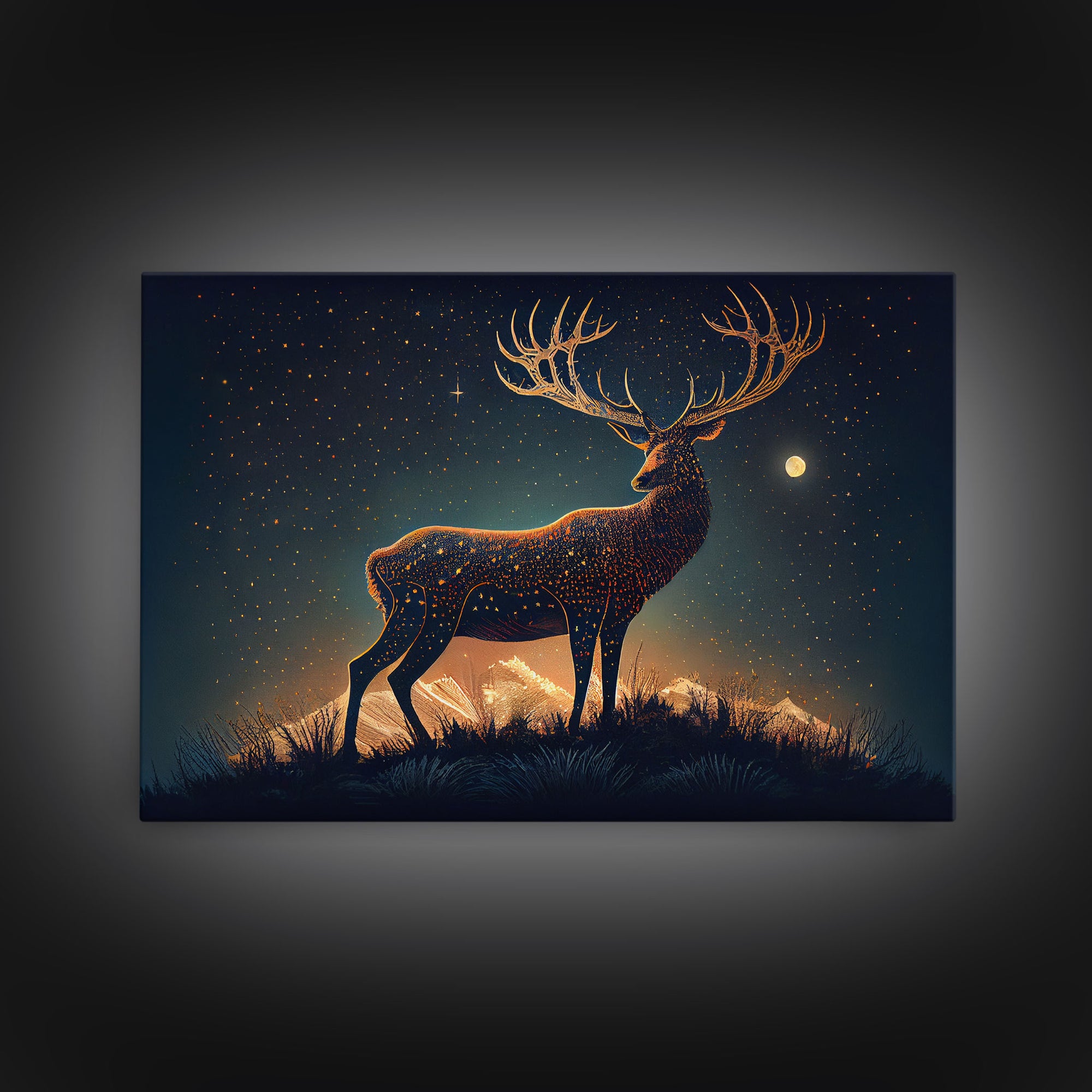 Deer made of stars, reflection stag, framed canvas print, unique wall art