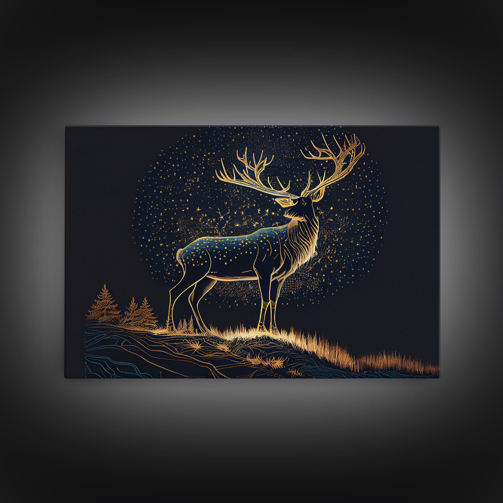 Deer made of stars, reflection stag, framed canvas print, unique wall art, starry night stag