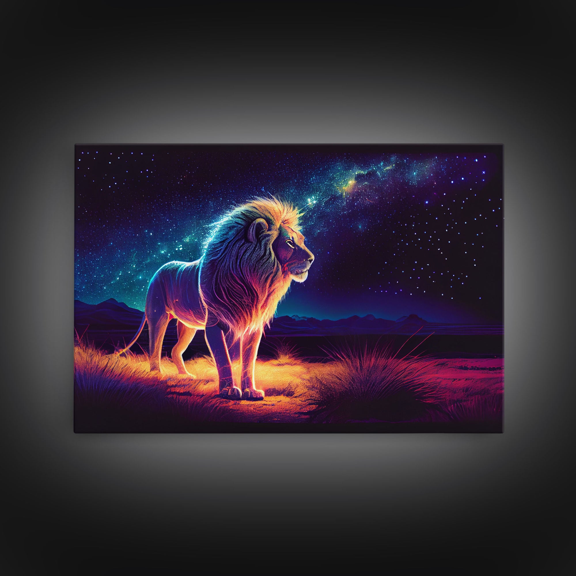 The Lion and the Universe, unique vibrant synthwave wall art, framed canvas print