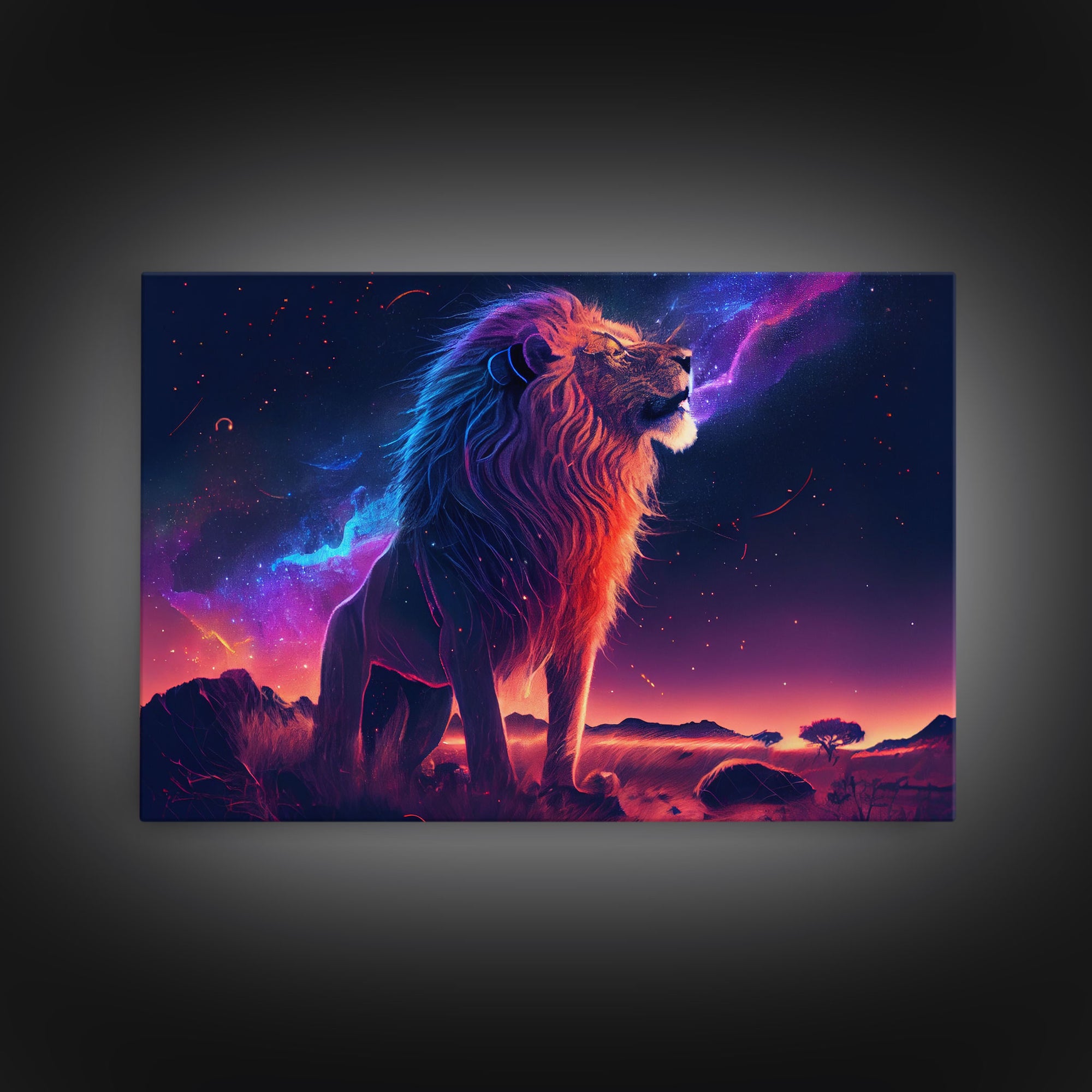 The Lion and the Galaxy, unique vibrant synthwave wall art, framed canvas print, animal lion print