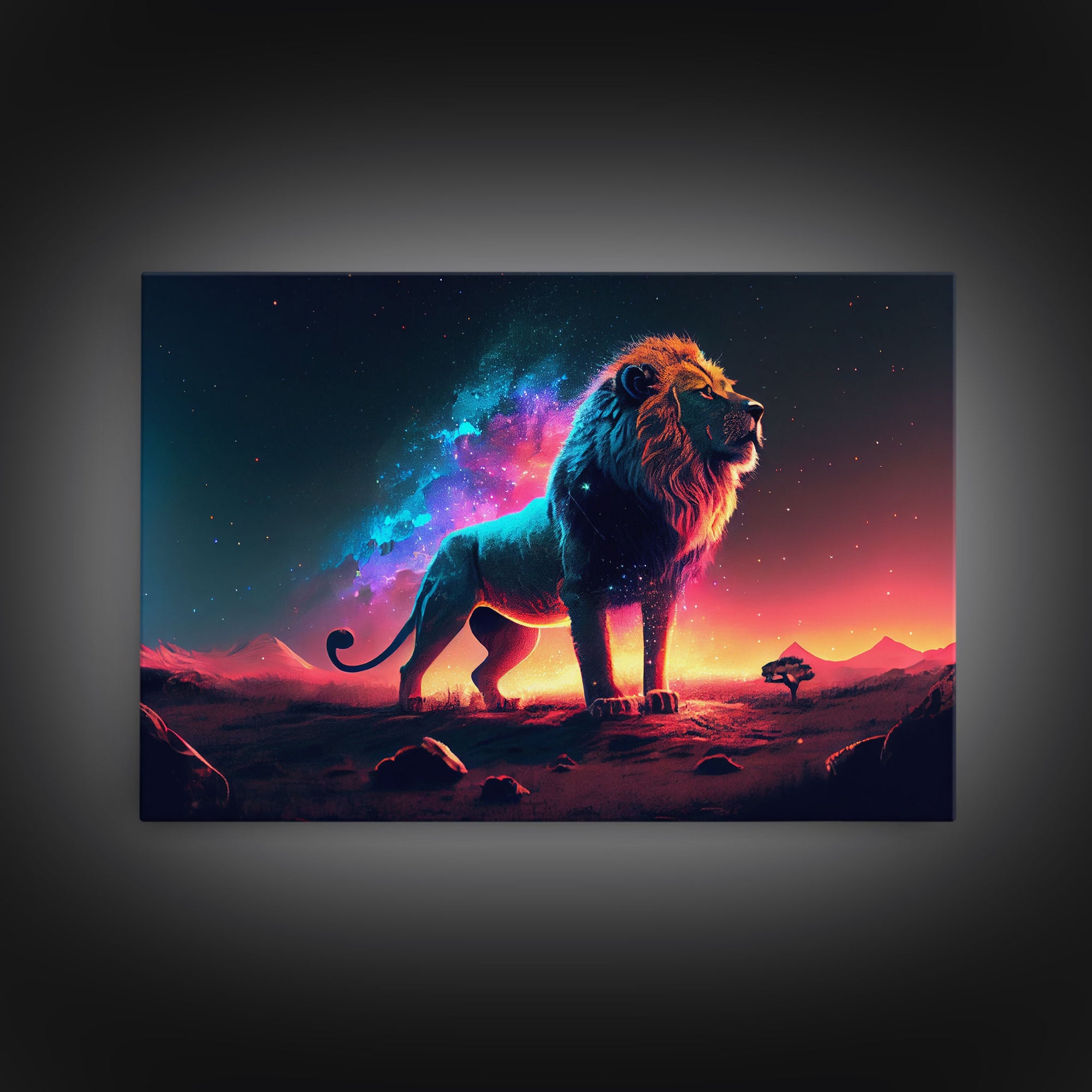 Cosmic roar watercolor, Lion staring at the stars over Africa, framed canvas print, unique vibrant wall art