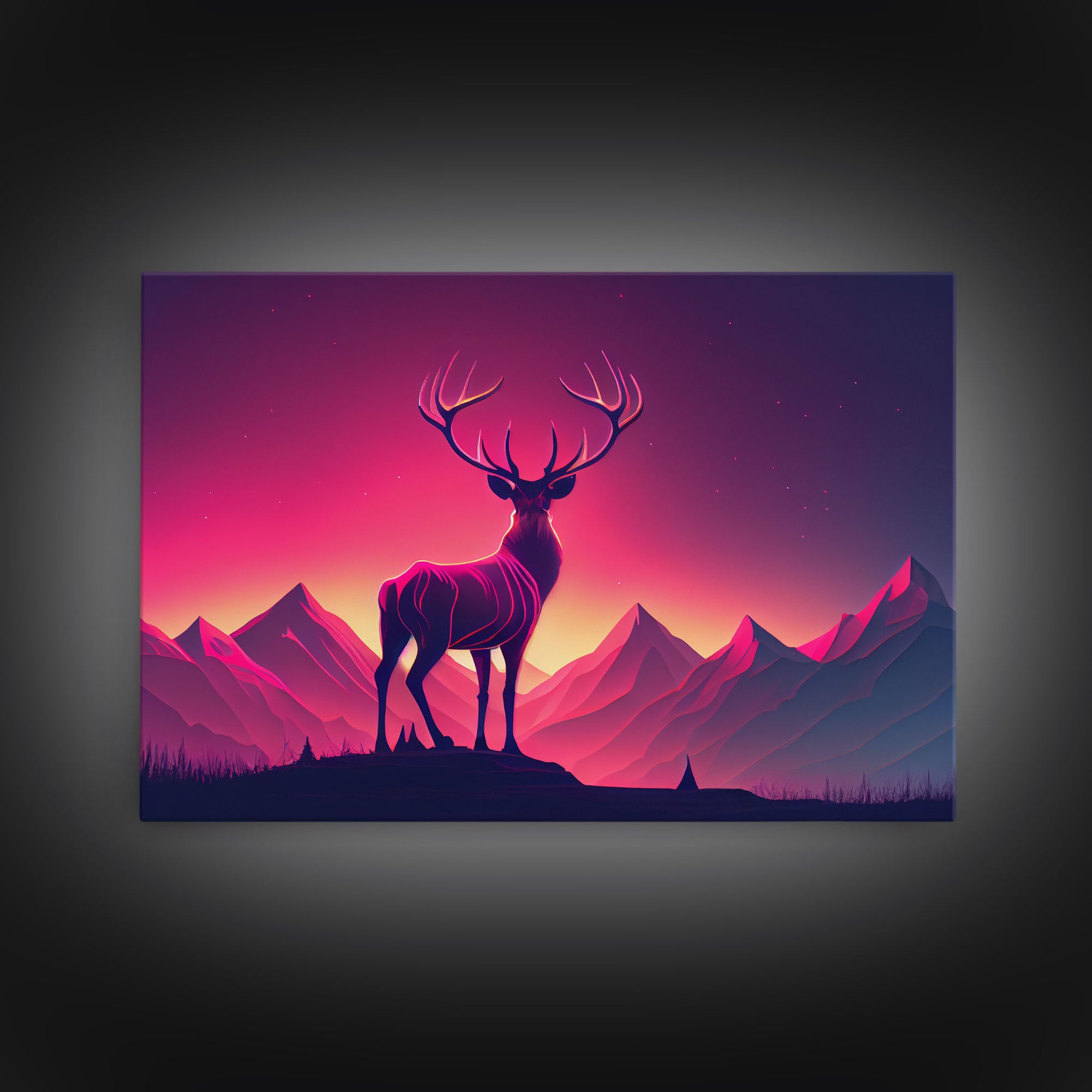 Beautiful stag and sunset, synthwave landscape art, framed canvas print, nature print, pastel and pink art