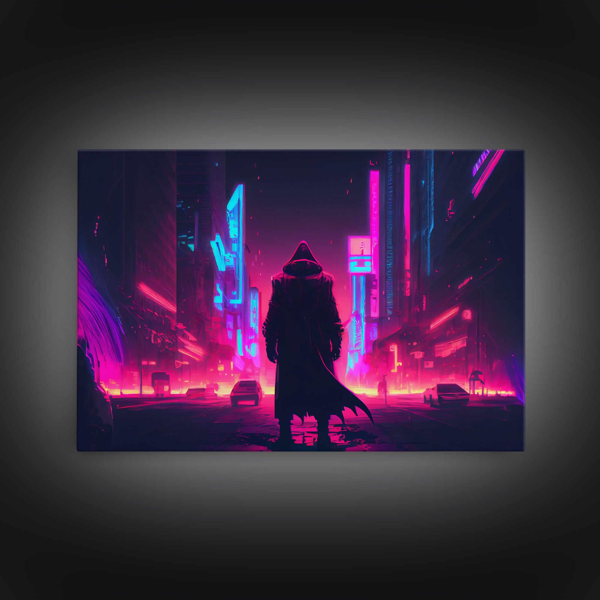 Cyberpunk City, Neon synthwave dystopian art, framed canvas print