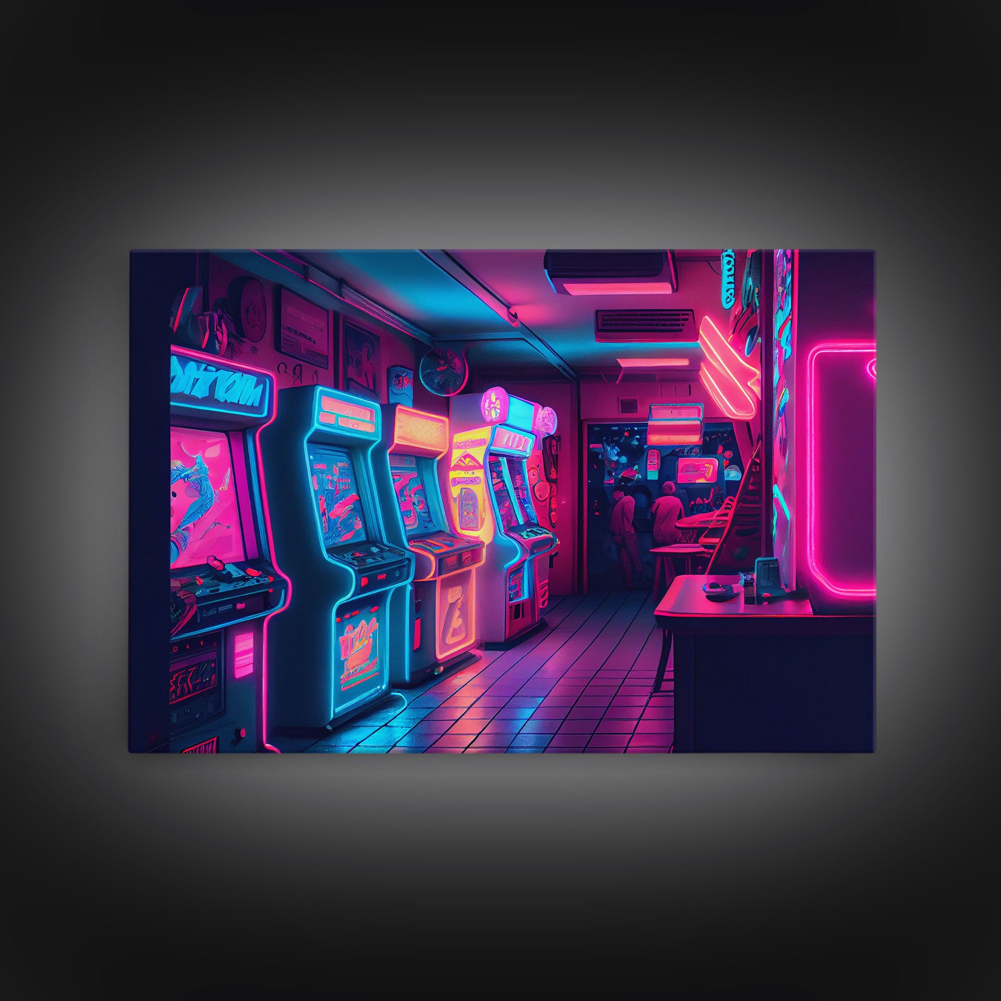 Neon Arcade, unique game room art, Retrowave arcade machine art, framed canvas print, framed wall art | Wall Art