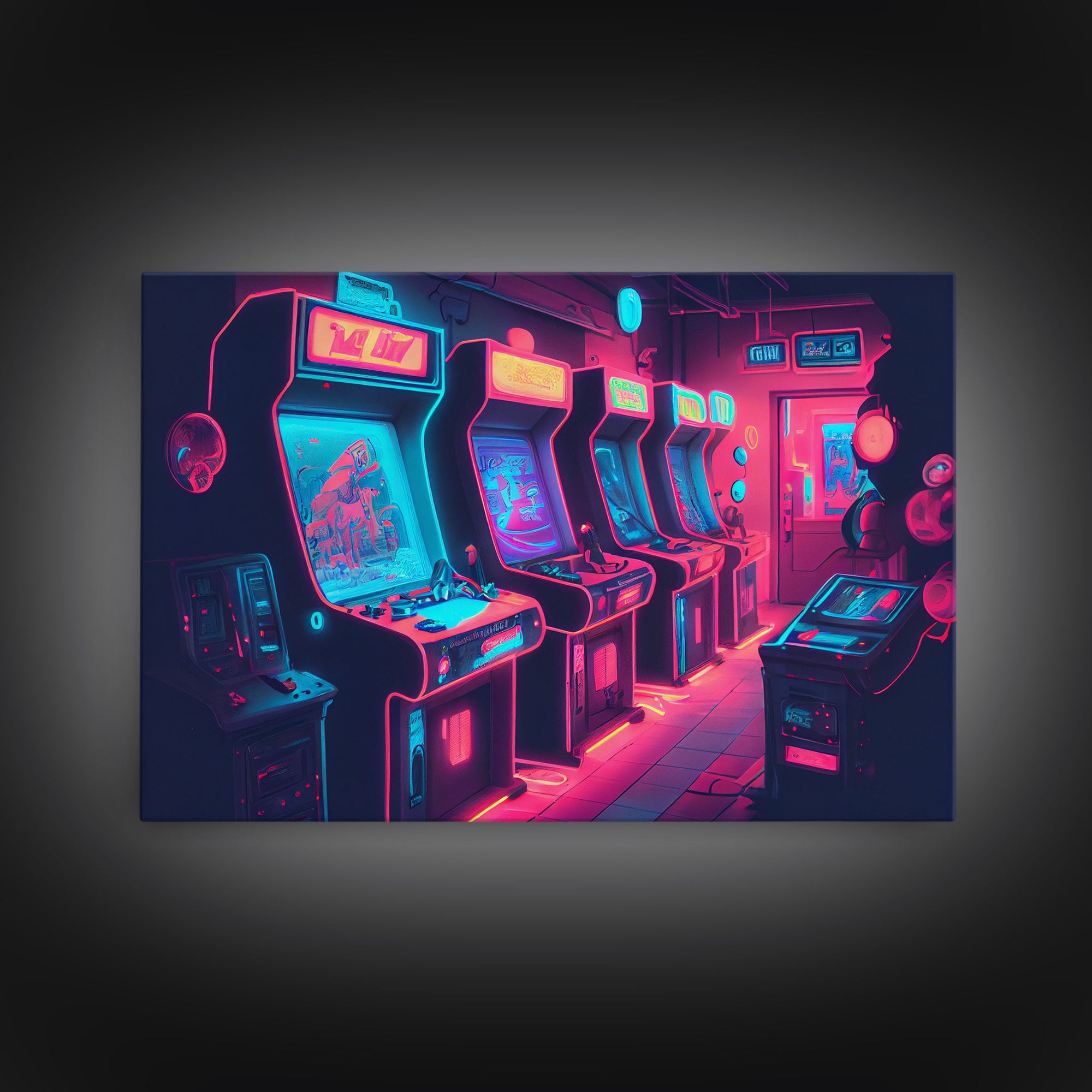 Synthwave Game Room Art, Neon retro 90s arcade room wall art, framed canvas print