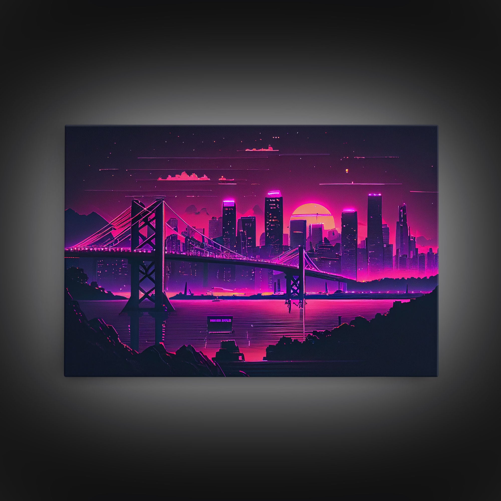 Cyberpunk San Francisco, Futuristic city skyline art, framed canvas print,  Synthwave / vaporwave cityscape decor