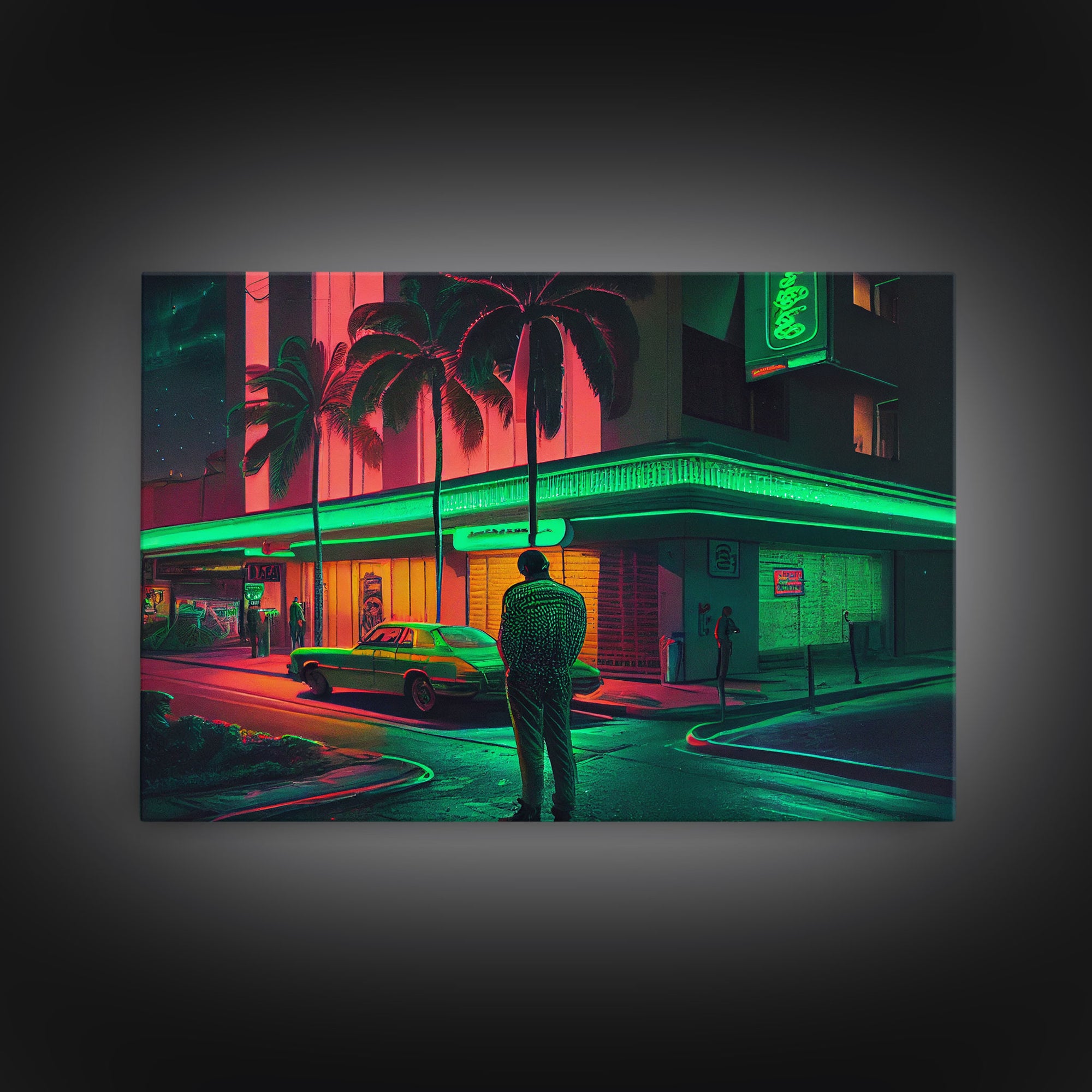 Miami Vice Retro Neon Lights Street Classic Car Wall Art Print, Wall Poster, Fine Art Print, Wall Decor