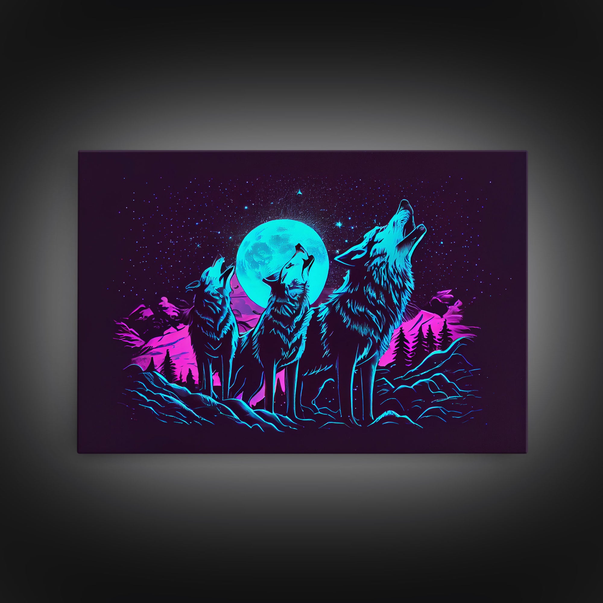 Howl at the moon - turquoise wolf pack howling at the moon, framed canvas print, vaporwave art