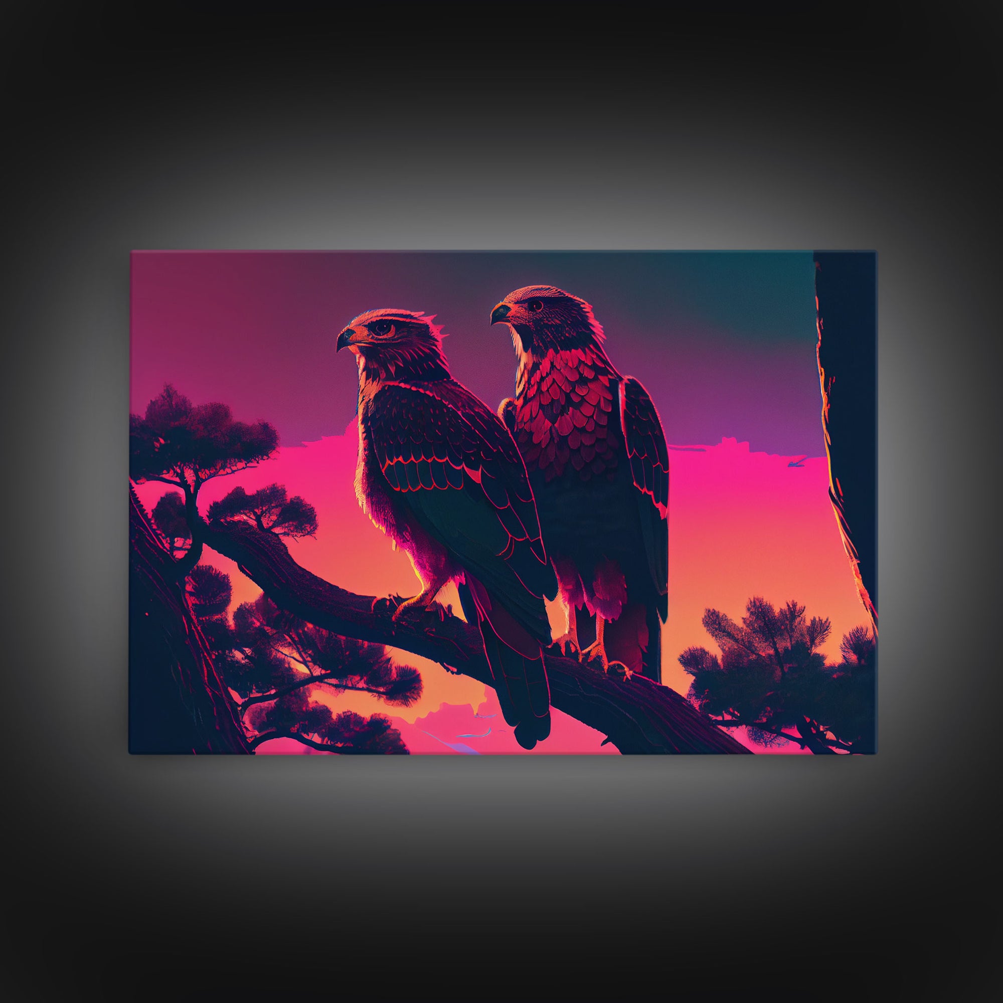 Hawks on a branch, birds of prey, framed canvas print