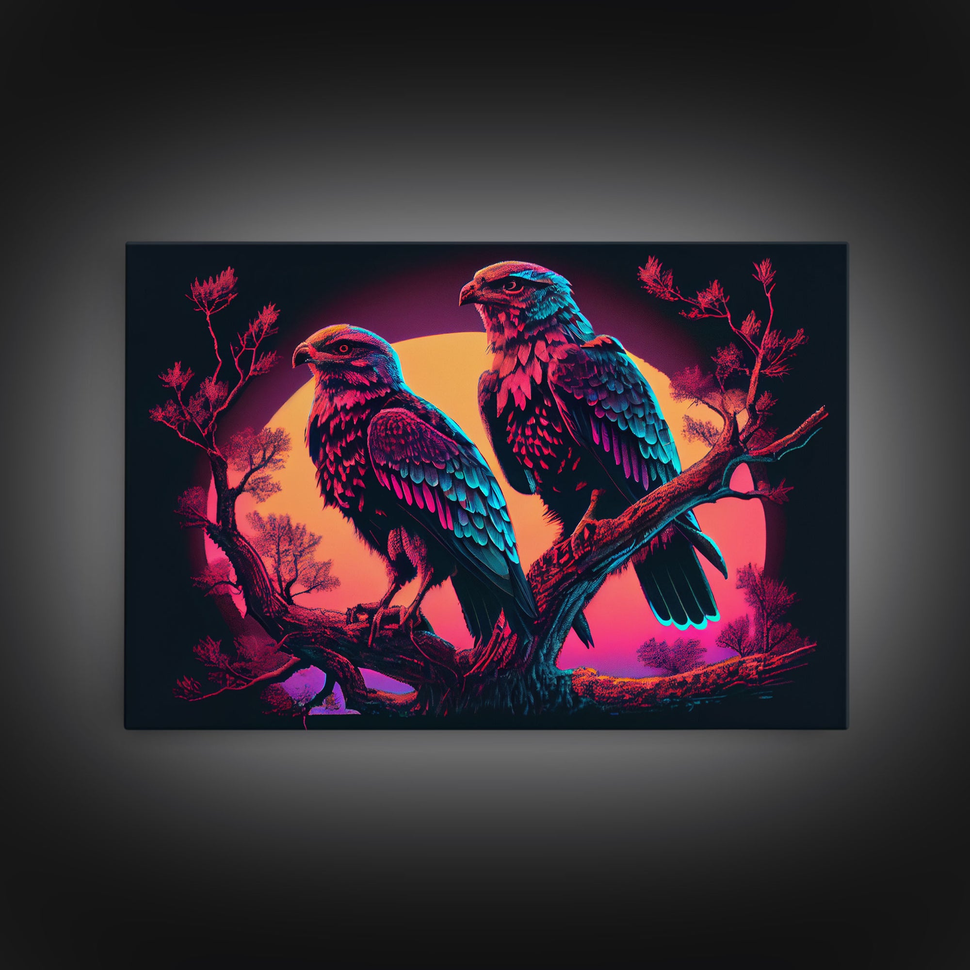 Birds of Prey at sunset, Hawks on a branch, framed canvas print