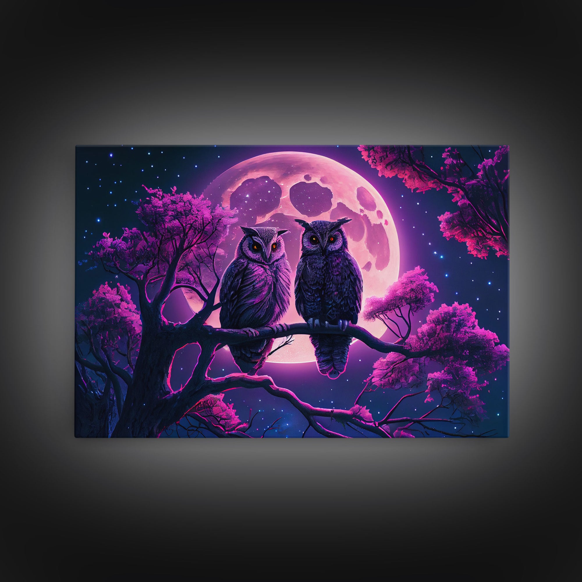 Owls at midnight, full moon and starry night sky, framed canvas print