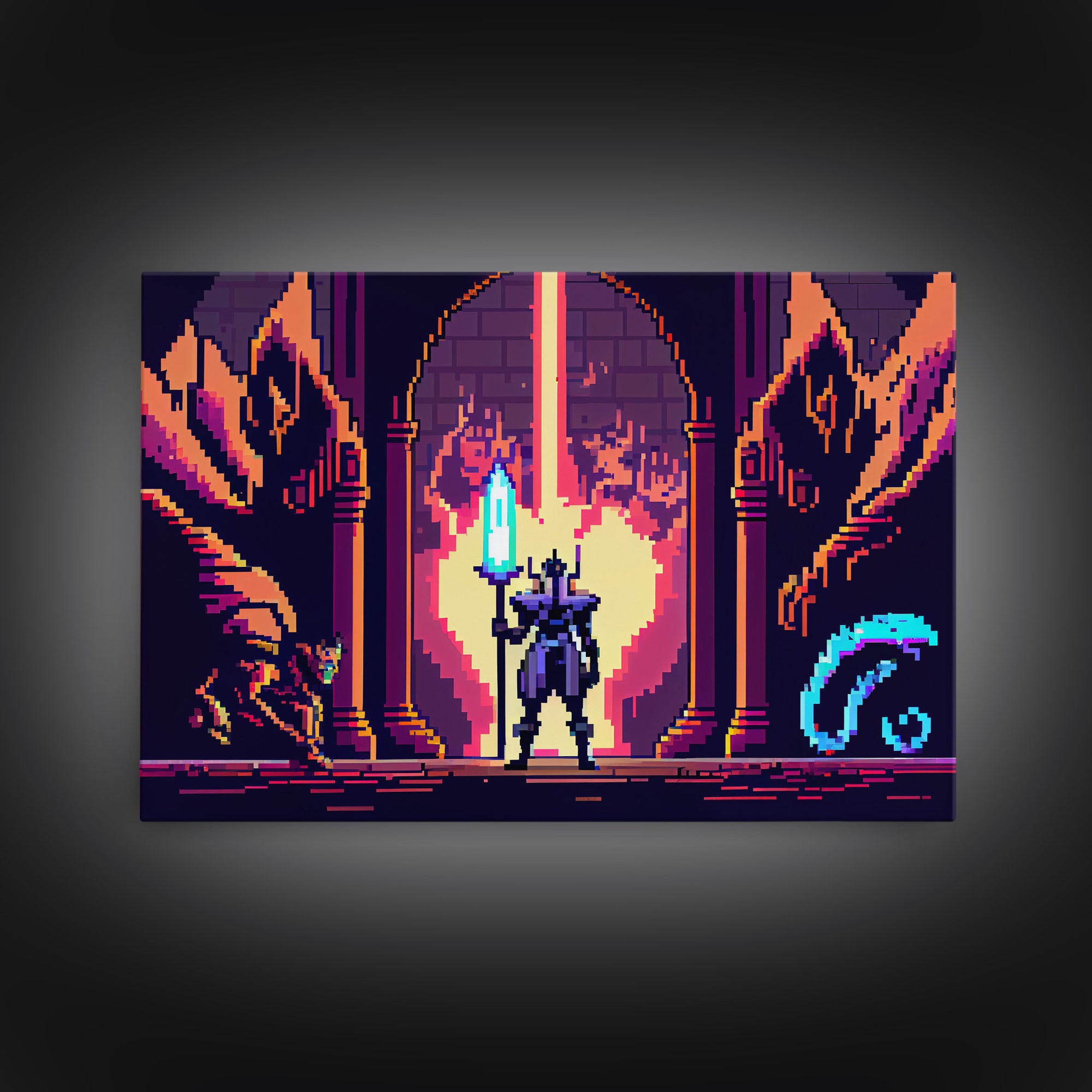 RPG pixel art, fantasy pixel art, Paladin Templar Art, synthwave style, framed canvas print, man cave art