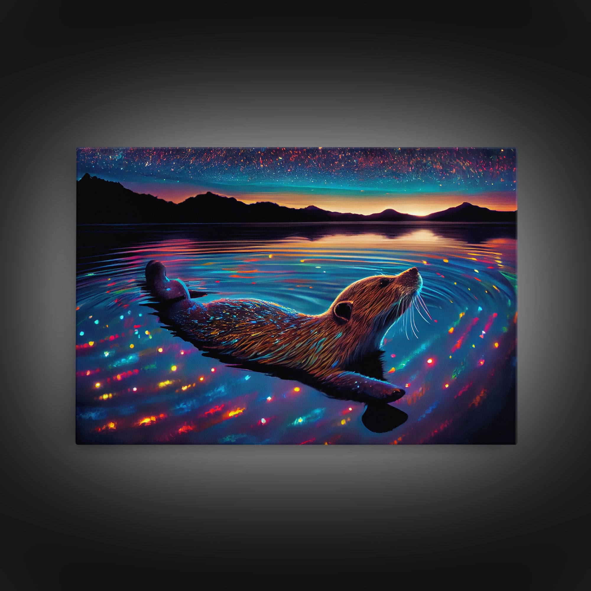 Cute beaver swimming at midnight, vaporwave aesthetic animal print art, starry night beaver, framed canvas print