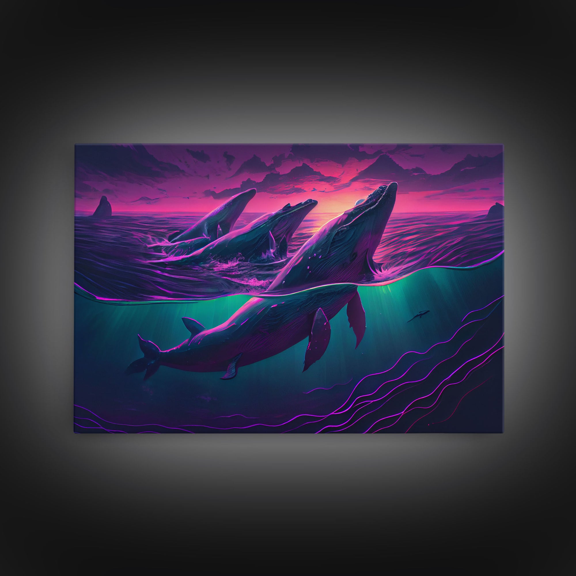 3 Blue Whales Breaching at Sunset, vaporwave synthwave ocean art, framed canvas print