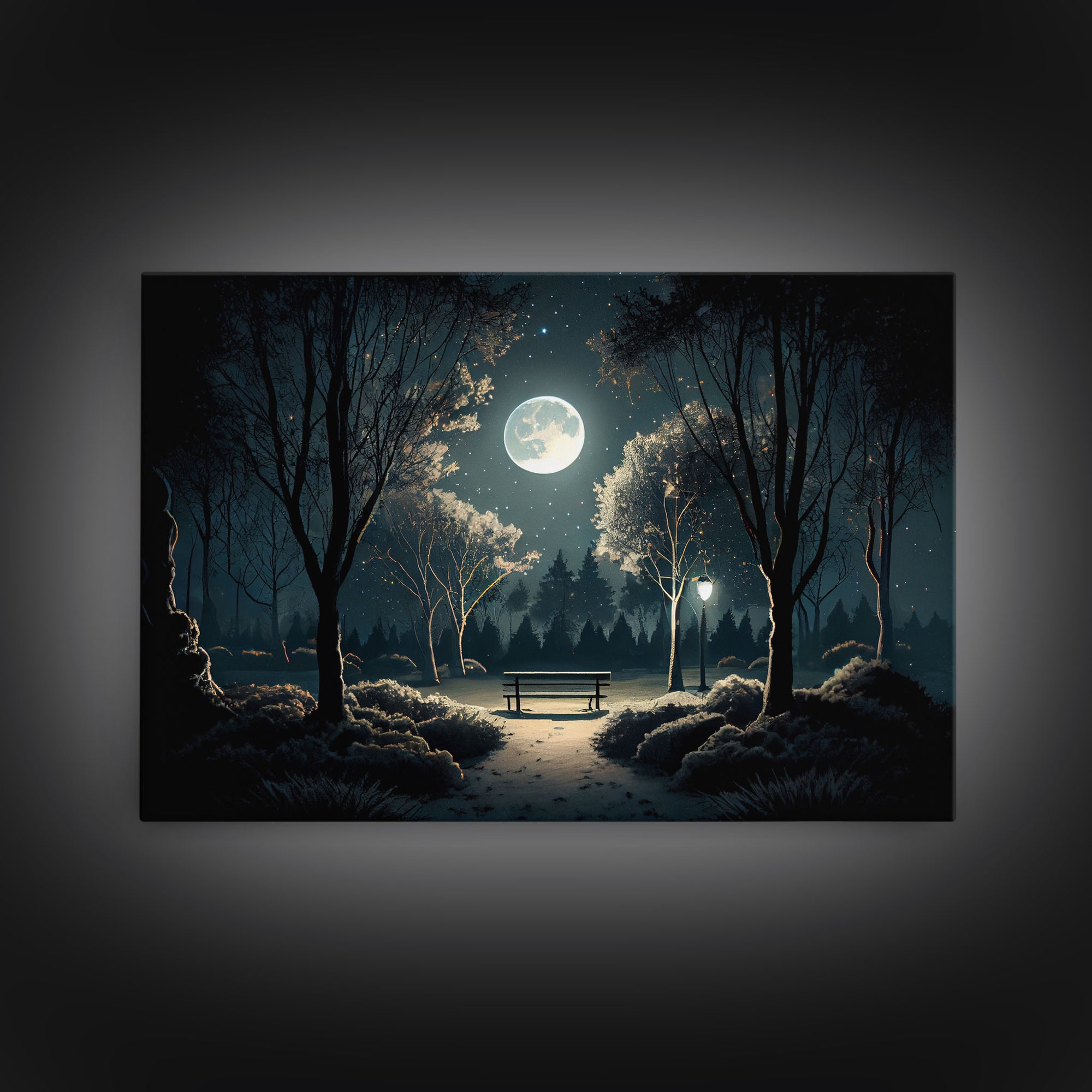 Snow covered park at midnight with a full moon, watercolor nature art, framed canvas print, framed wall art