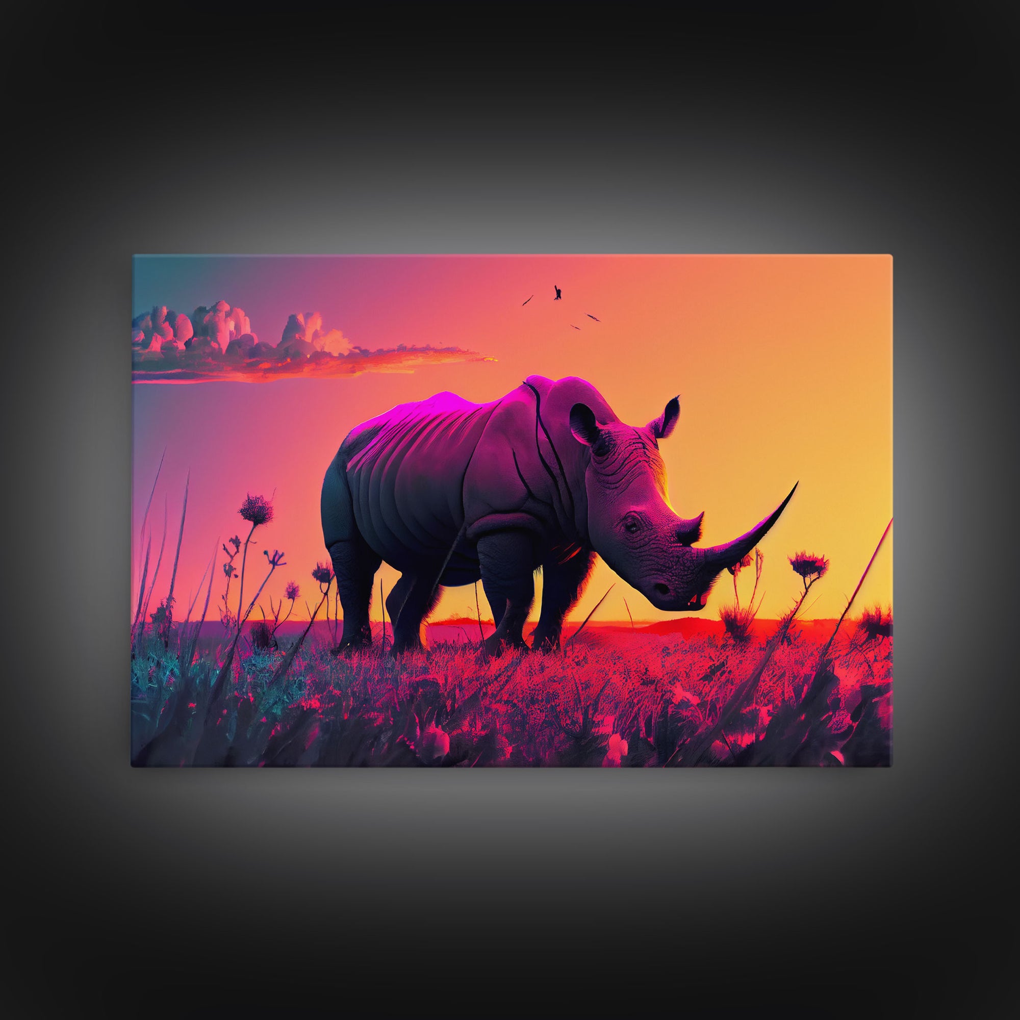 Rhino art, Pastel Rhinoceros at sunset, synthwave aniimal art, framed canvas art