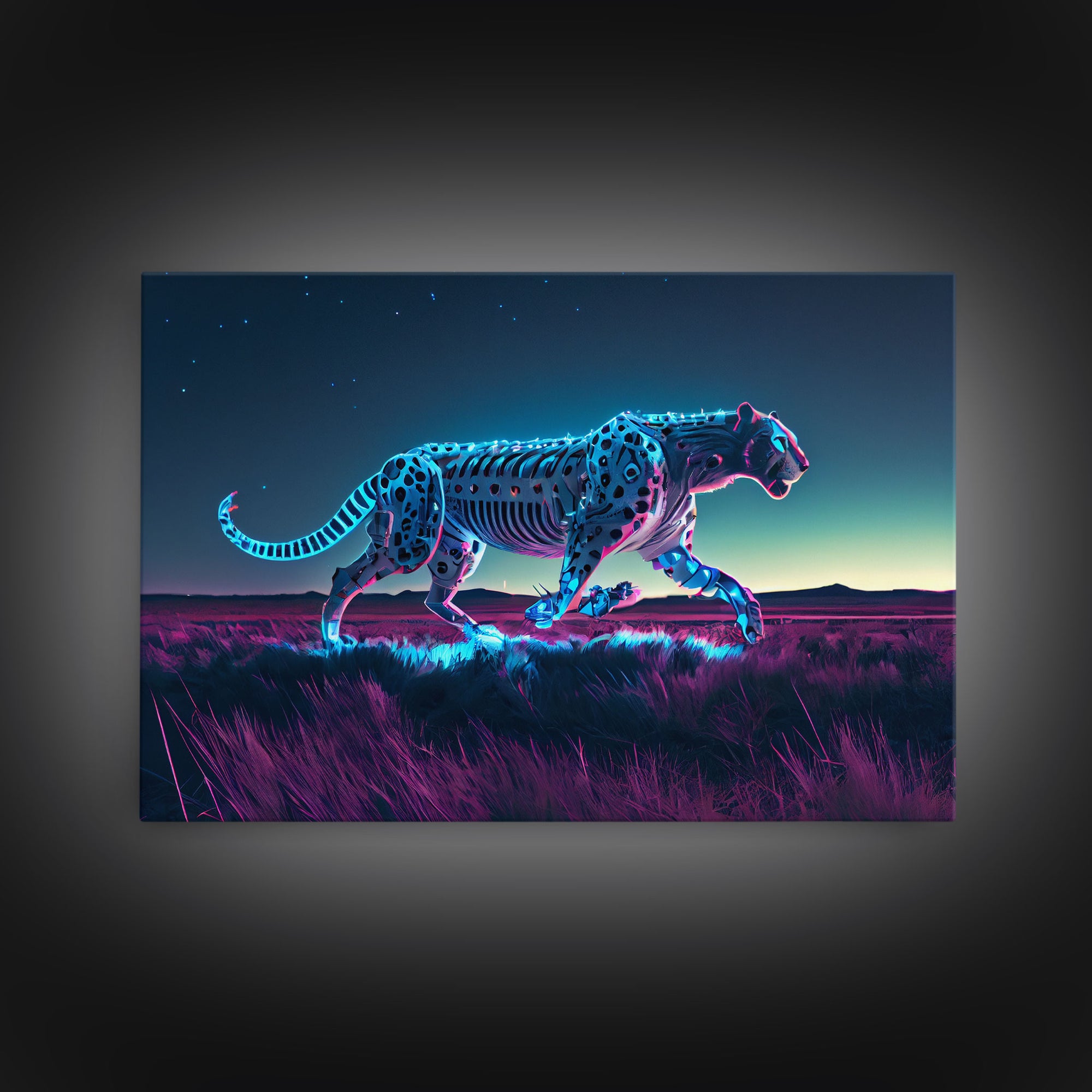 Robot Cheetah, Synthwave cyberpunk art, robot cheetah, framed canvas art, canvas print