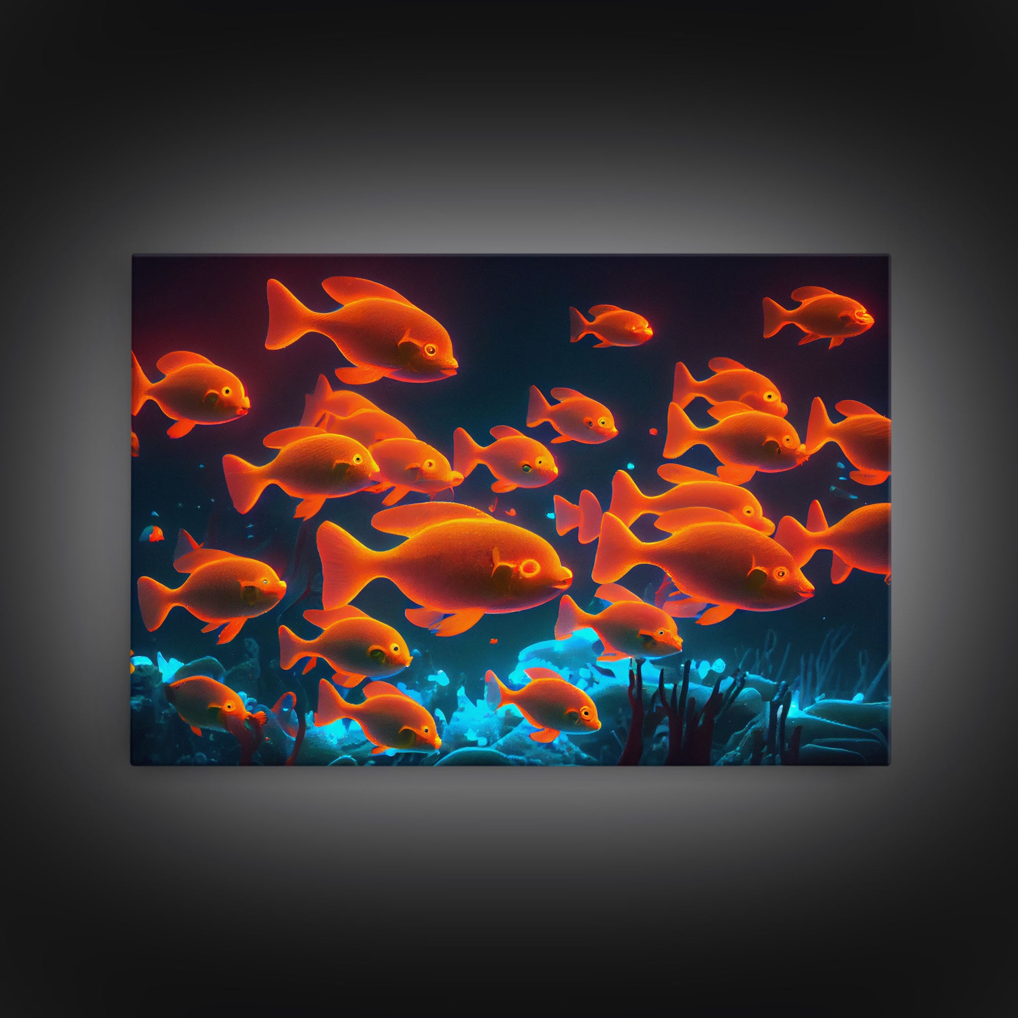 Gold fish art, Aquarium canvas print, framed ocean wall art, school of koi