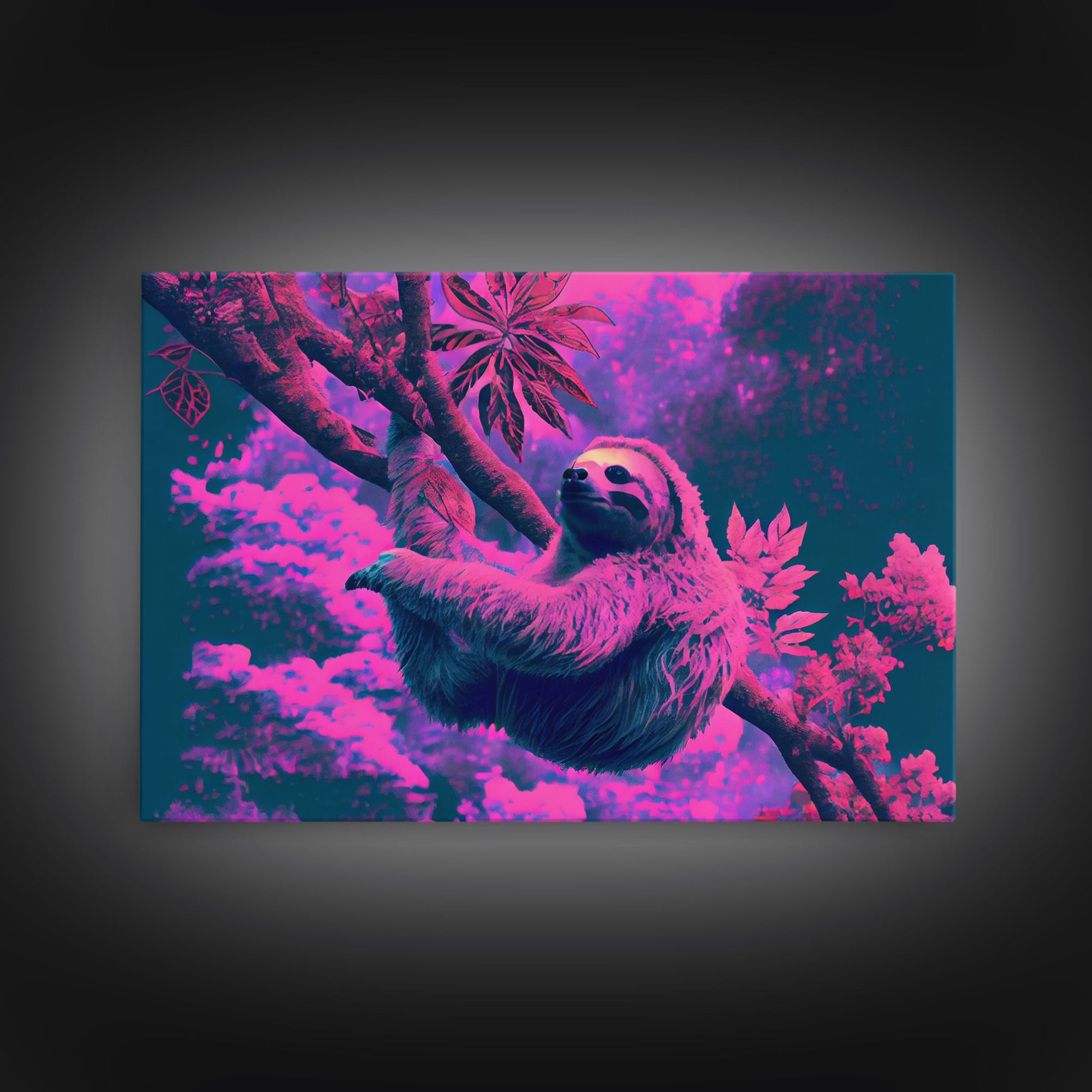 Sloth in a tree, synthwave retrowave animal print, framed canvas art