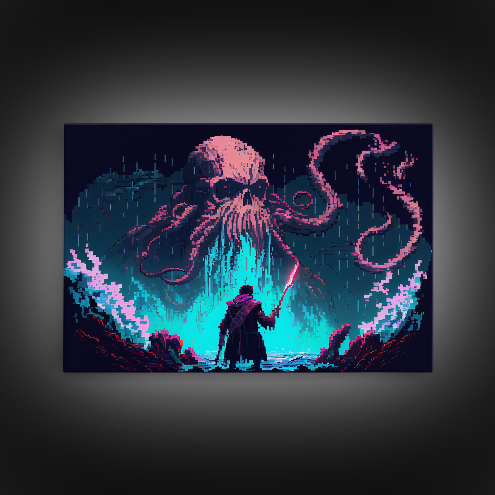 Warrior Vs Cthulhu, RPG concept pixel art, framed canvas print, outrun video game art