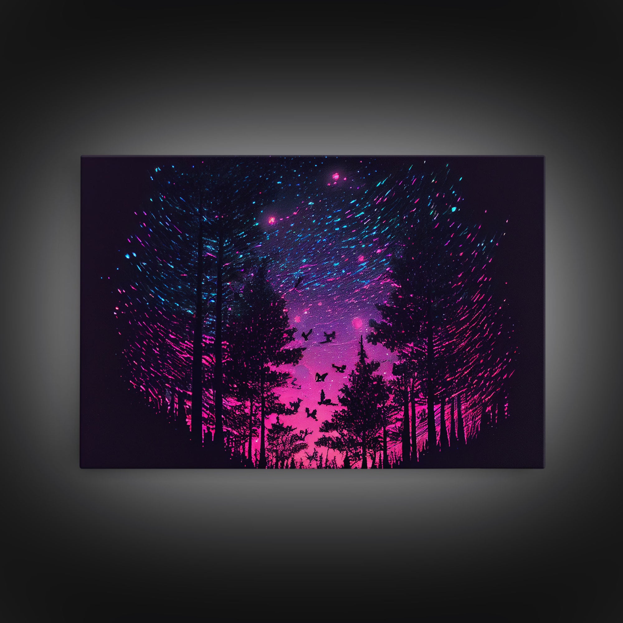 Synthwave Starry Night Time Lapse in a pine tree forest, framed canvas print, timelapse art