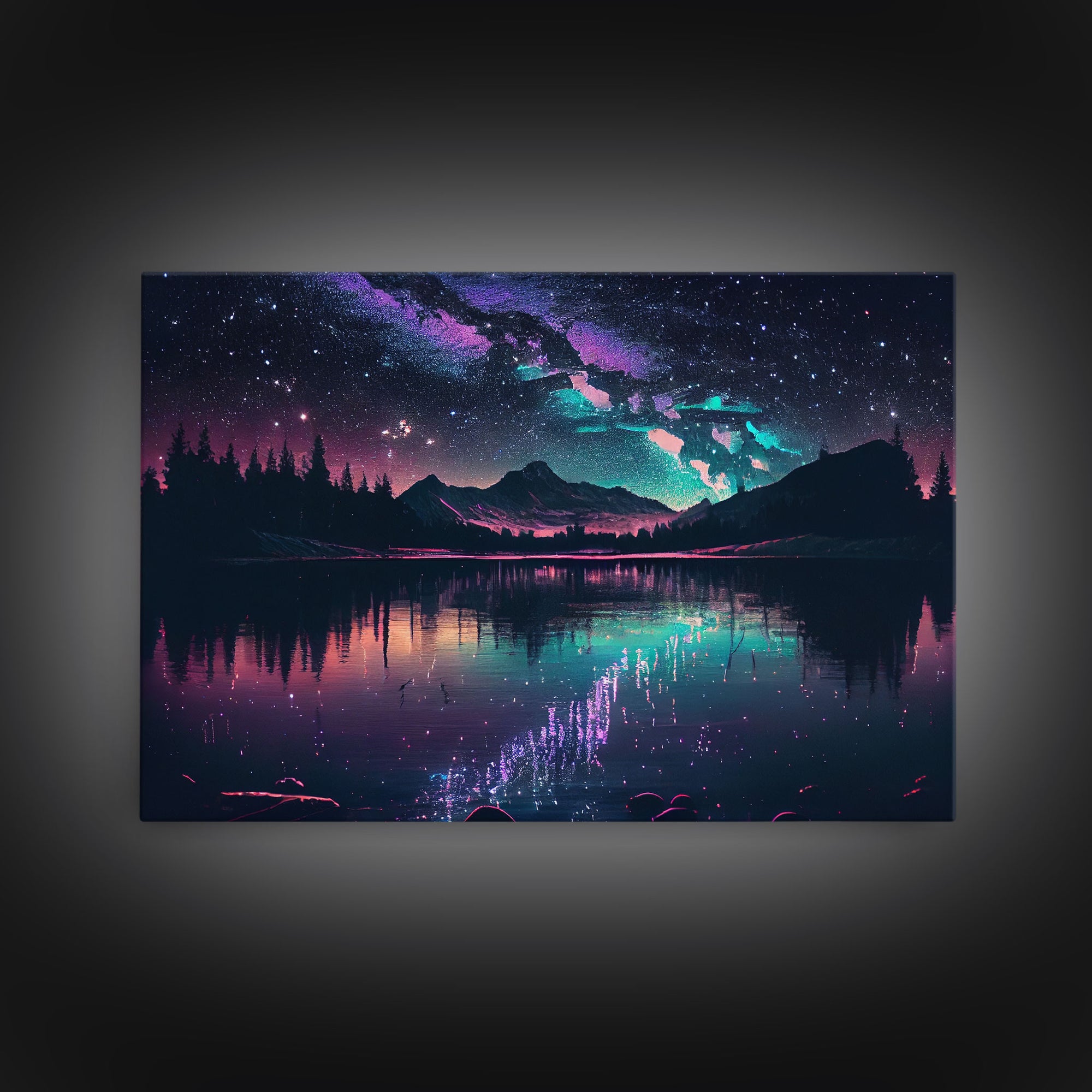 Vaporwave starry night over an Alaskan lake, Aurora borealis, framed canvas print, pastel nature art