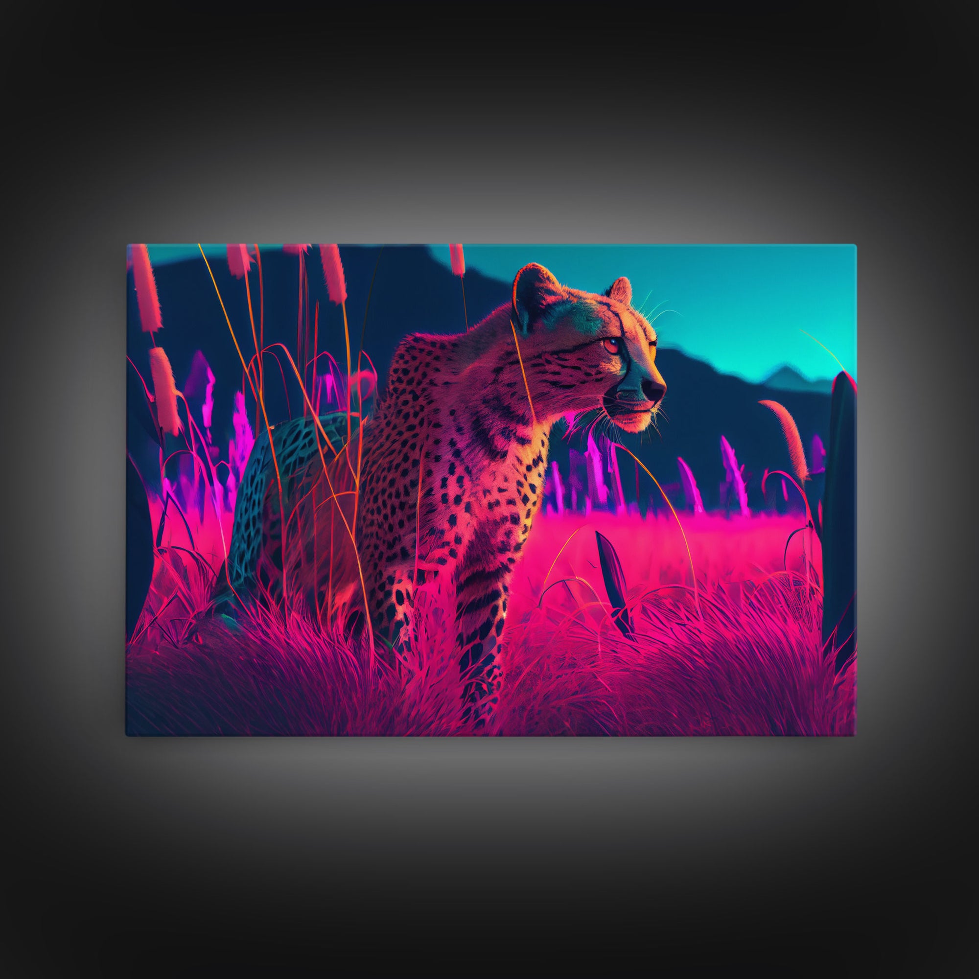 Cheetah on the hunt, vaporwave art, sunset hunter, framed canvas print, framed wall art